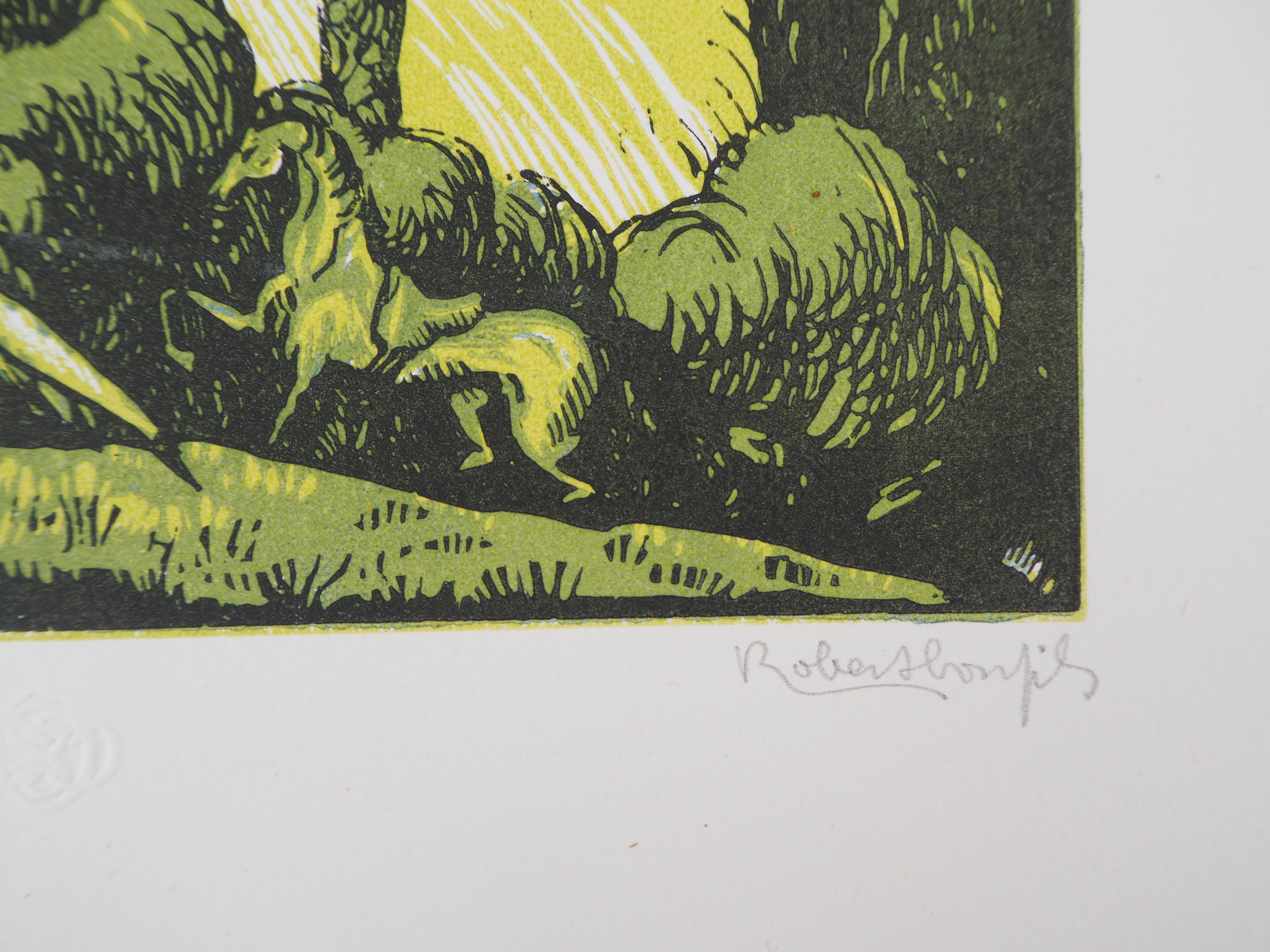 El entrelazamiento del amante - Original wooodcut, Firmado a mano y numerado / 105 - Animal Print Negro de Robert Bonfils