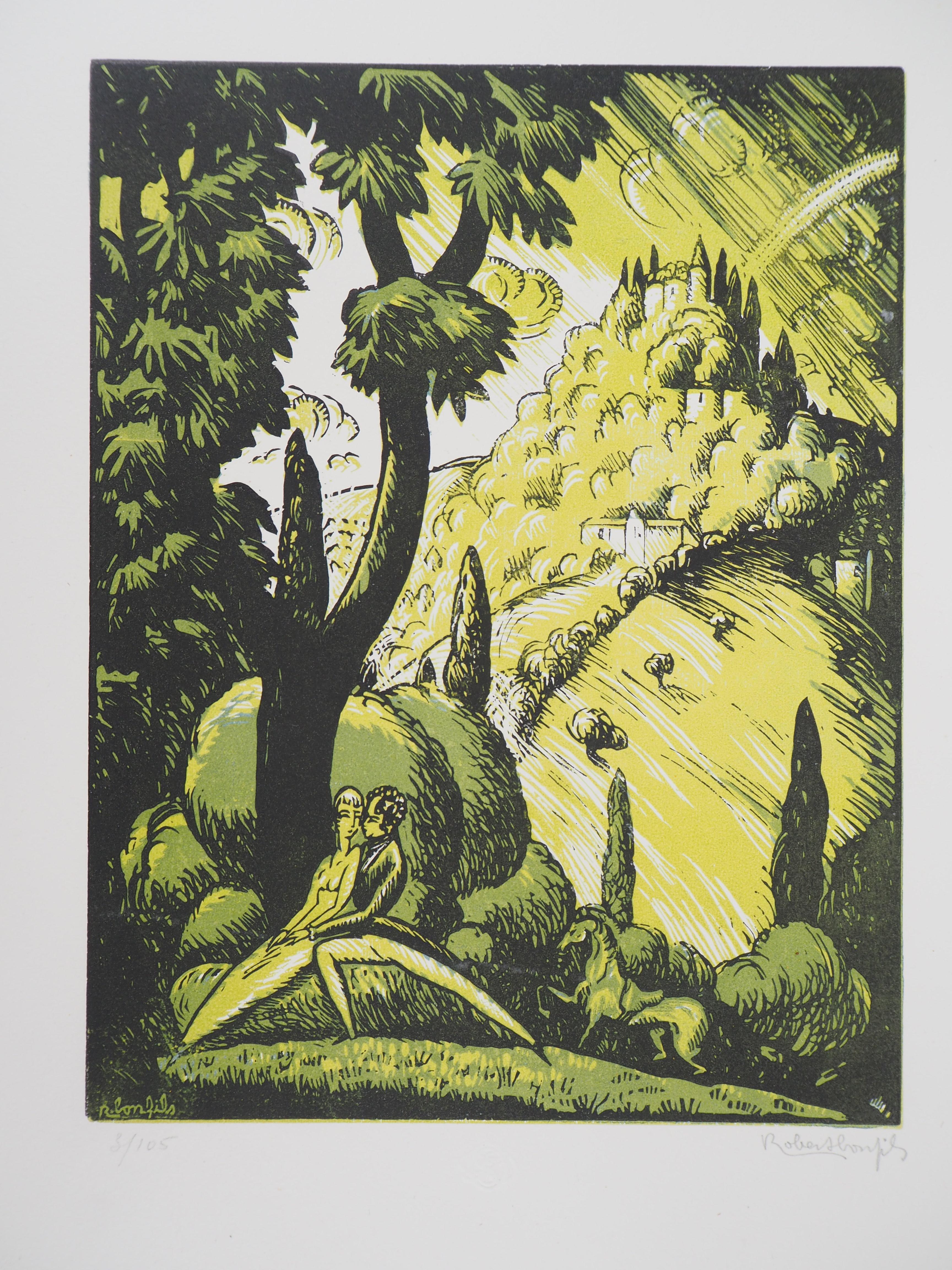 Robert Bonfils Animal Print – Ineinander verschlungene Liebesstücke - Original-Wollholzschnitt, handsigniert und nummeriert / 105