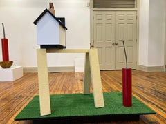 Conceptual Dark Wood House Sculpture Unique Dynamite Green Grass