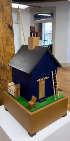 Sculpture de maison conceptuelle bleu foncé conversationnelle unique et texturée