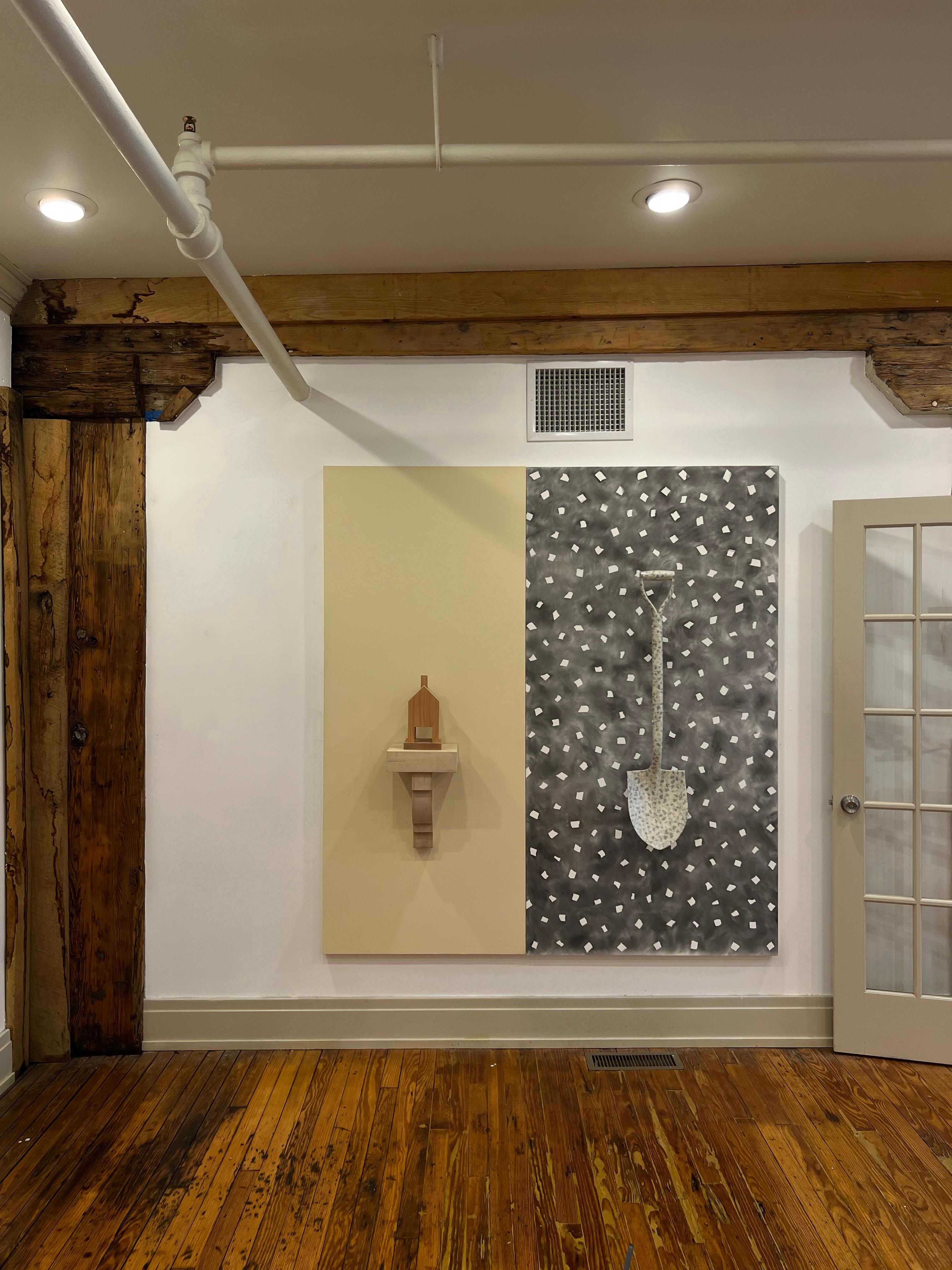 Conceptual House Shovel Wall Sculpture Wood Metal Tape Grey White Neutral Unique For Sale 10