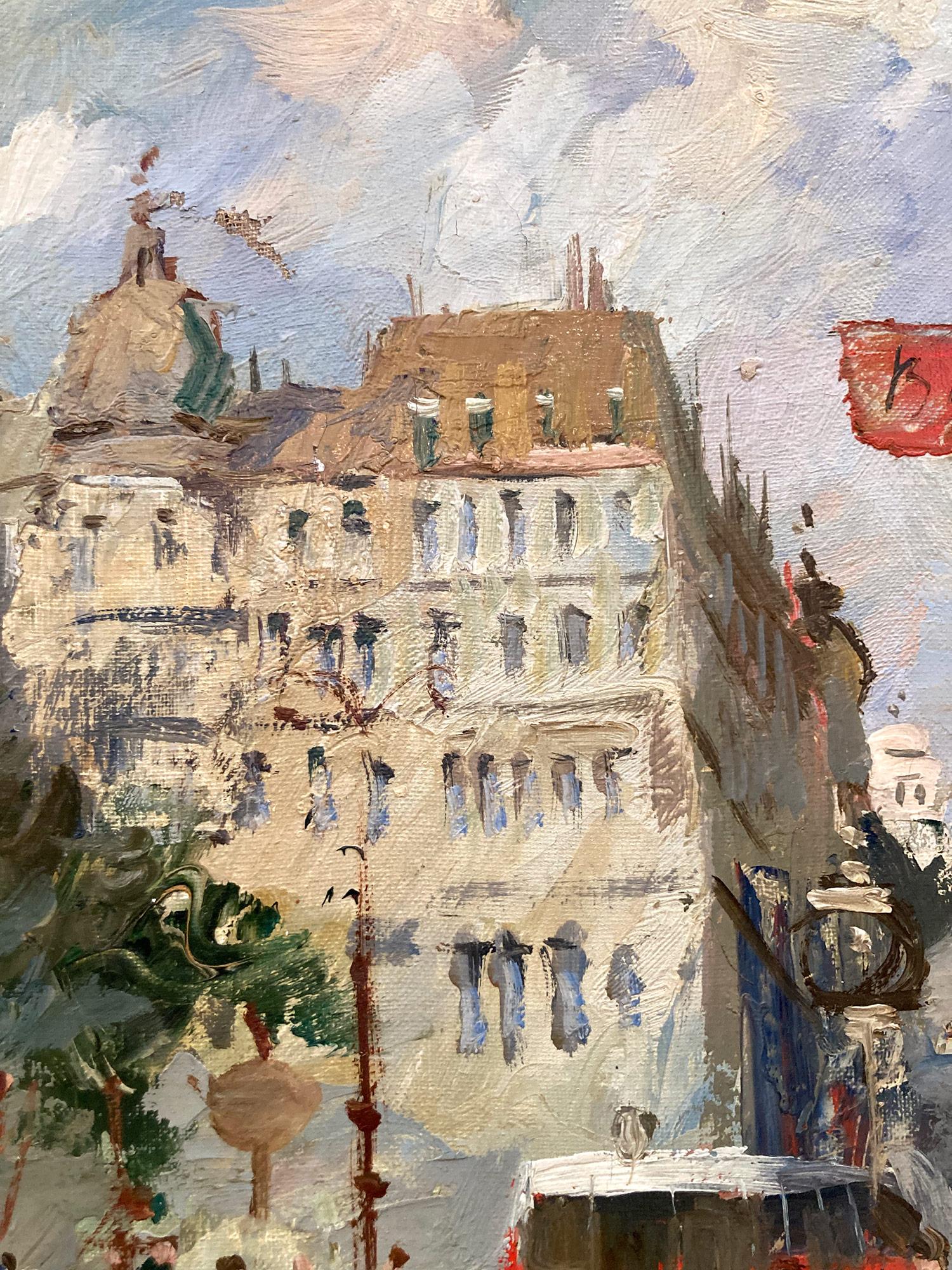 Une belle huile sur toile de l'artiste français Anatol Bouchet. Bouchet était un peintre français connu pour ses paysages urbains colorés décrivant l'époque de sa génération. Ce tableau est un merveilleux exemple de son travail au sommet de sa
