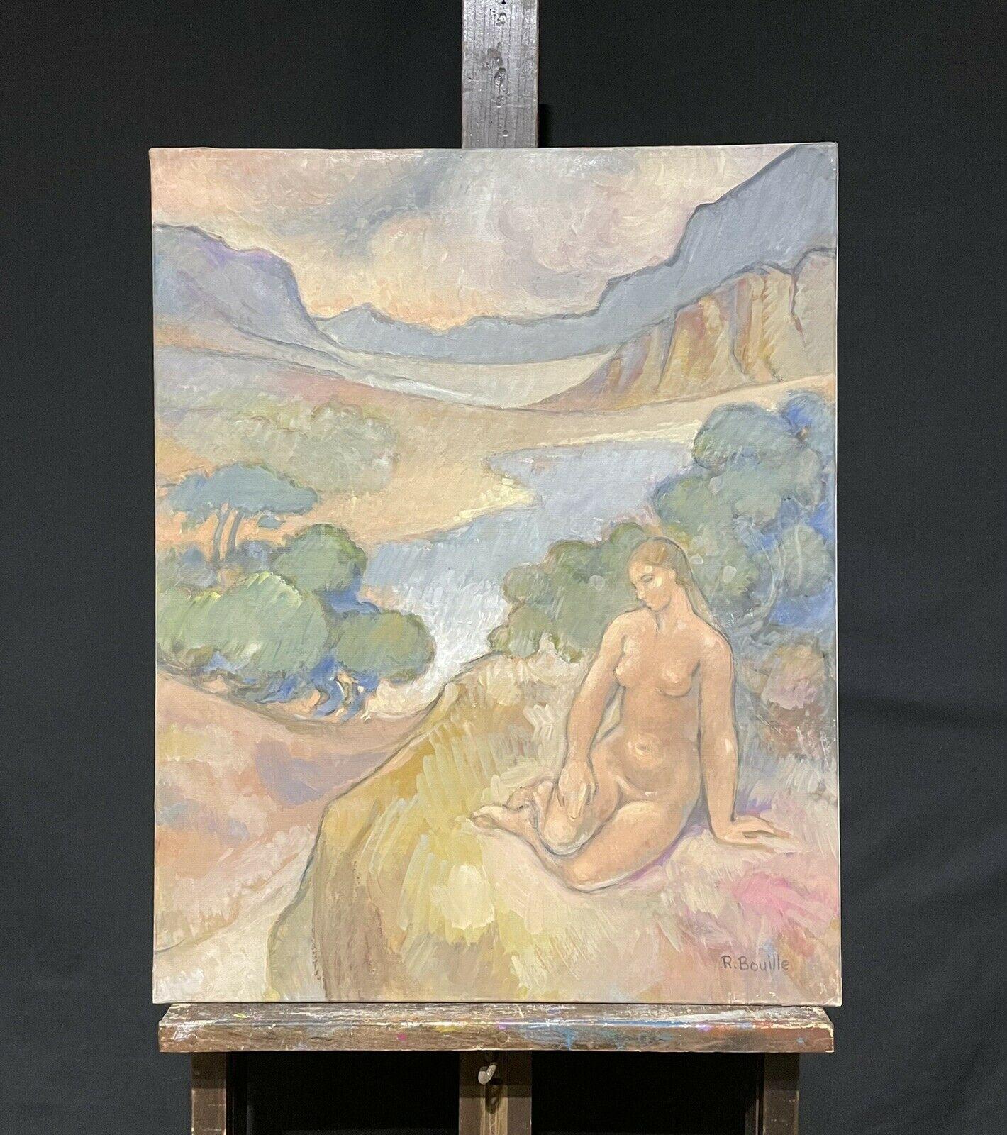 LARGE FRENCH SURREALIST/ IMPRESSIONIST OIL - NUDE BATHER PROVENCAL LAKE VIEW - Painting by Robert Bouille