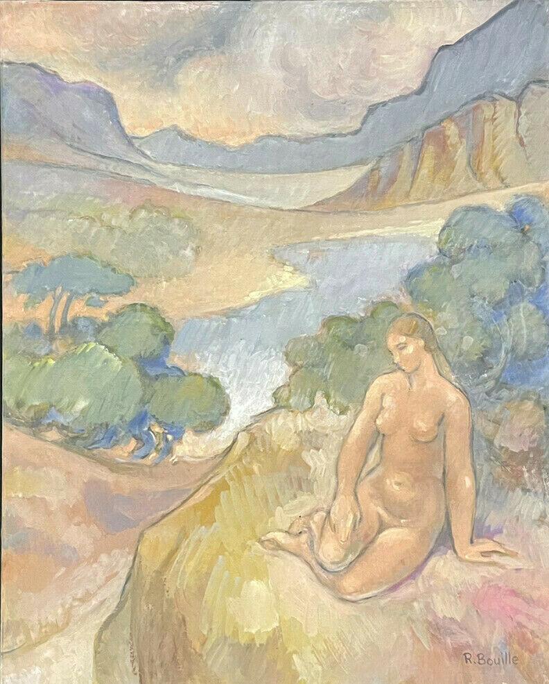 LARGE FRENCH SURREALIST/ IMPRESSIONIST OIL - NUDE BATHER PROVENCAL LAKE VIEW