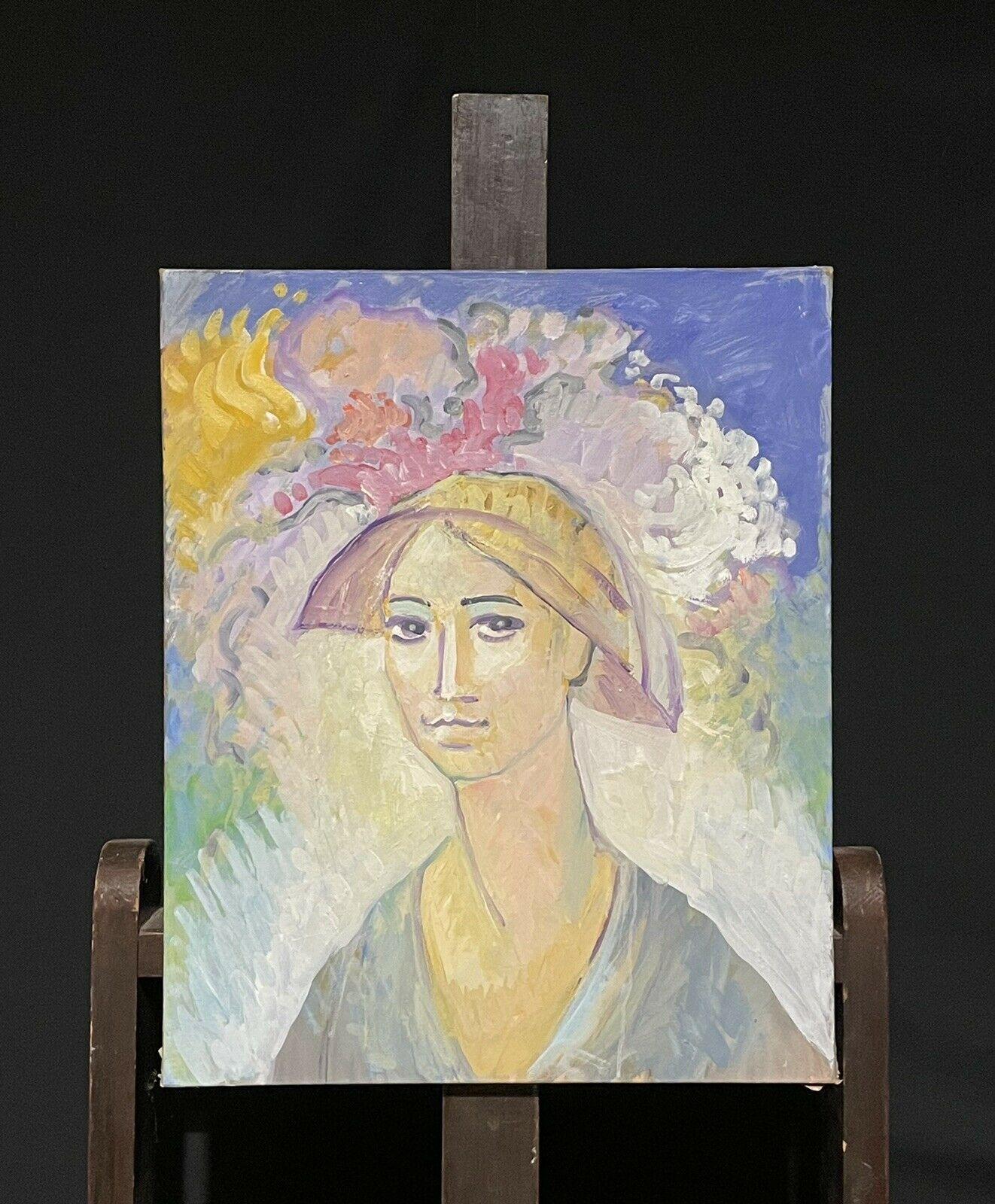 Robert Bouille Landscape Painting - PROVENCAL FRENCH ARTIST - PORTRAIT OF COUNTRY YOUNG LADY IN COLORFUL HAT