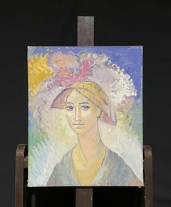 PROVENCAL FRENCH ARTIST - PORTRAIT OF COUNTRY YOUNG LADY IN COLORFUL HAT