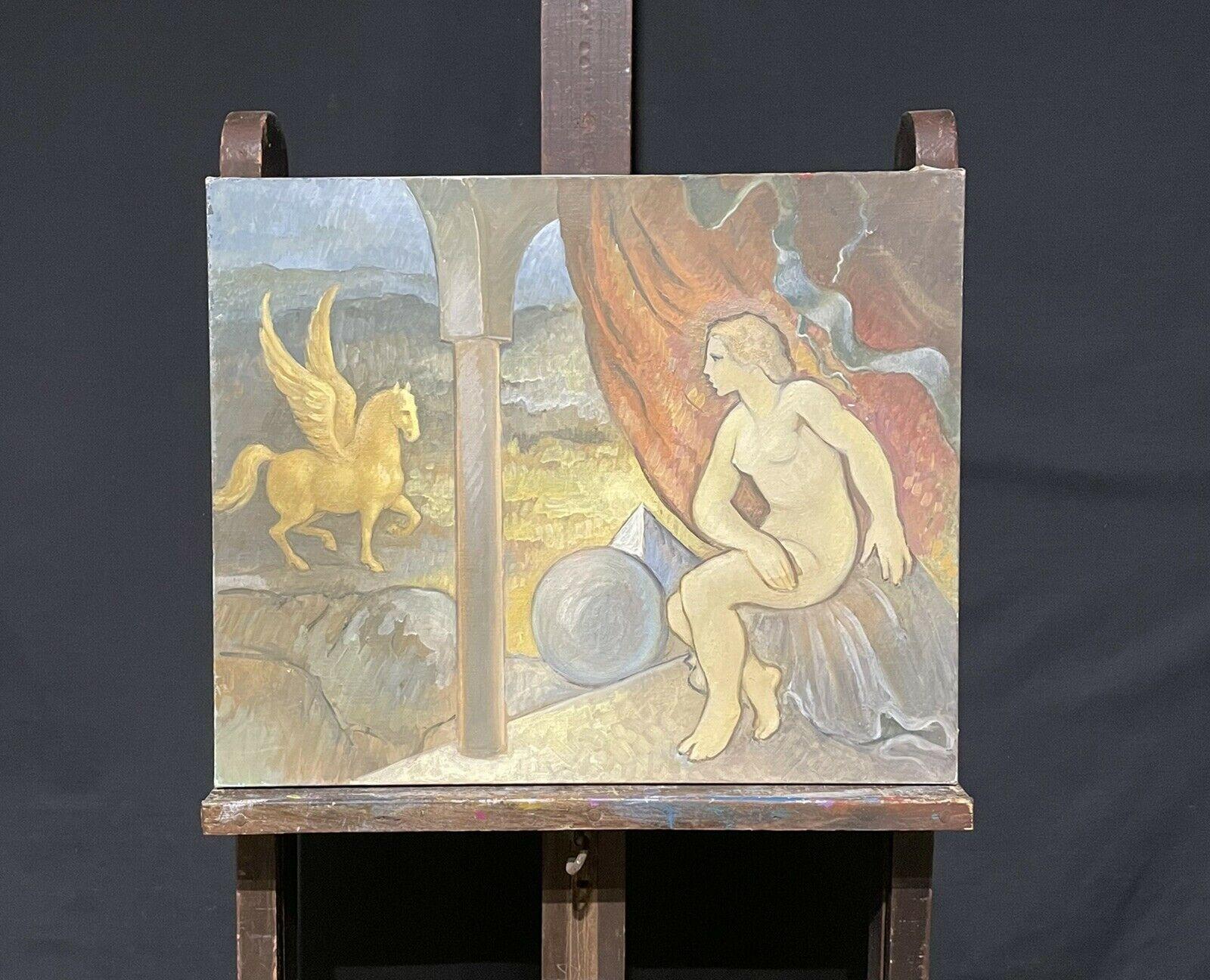 ROBERT BOUILLE (1926-2021) LARGE FRENCH MYTHOLOGICAL OIL - PEGASUS & ATHENA - Painting by Robert Bouille