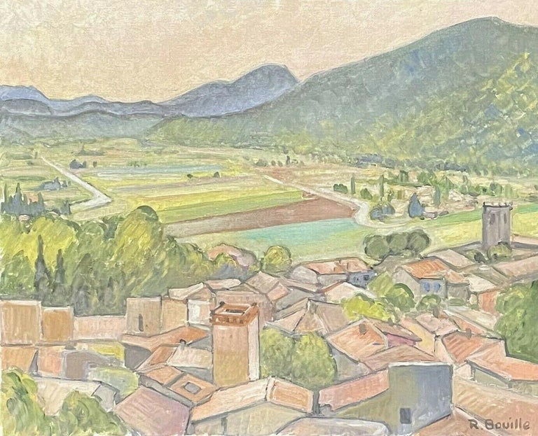 Robert Bouille Landscape Painting - SIGNED FRENCH OIL - PROVENCE LANDSCAPE PASTEL COLORS GREEN LANDSCAPE TERRACOTTA