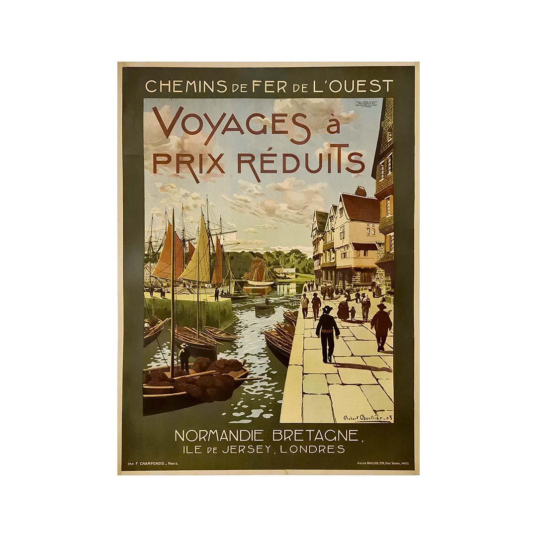 Robert Boullier's 1905 poster for the Chemins de fer de l'Ouest invites travelers on a captivating journey. This vintage masterpiece beckons explorers to discover the scenic beauty of Normandy and Brittany, embrace the allure of the Isle of Jersey,