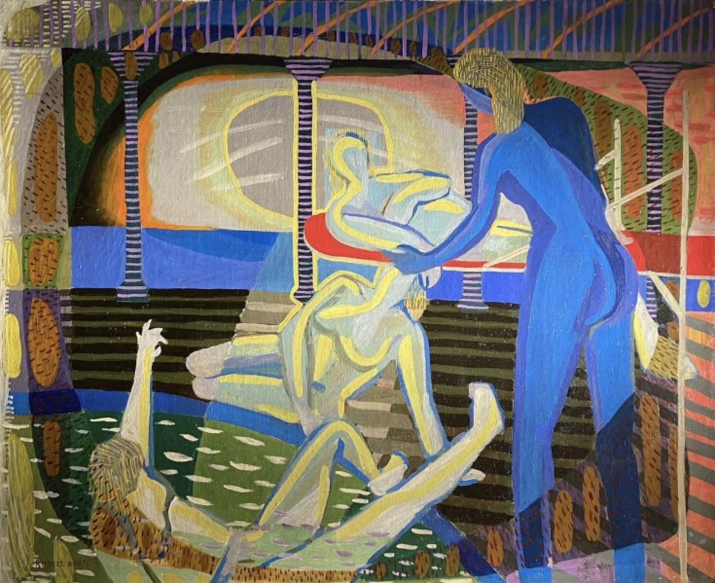 Robert Bouretz Figurative Painting – Aktbaden, signiertes französisches Gemälde des 20. Jahrhunderts, kubistischen inspiriert