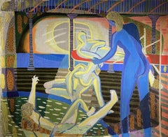 Aktbaden, signiertes französisches Gemälde des 20. Jahrhunderts, kubistischen inspiriert