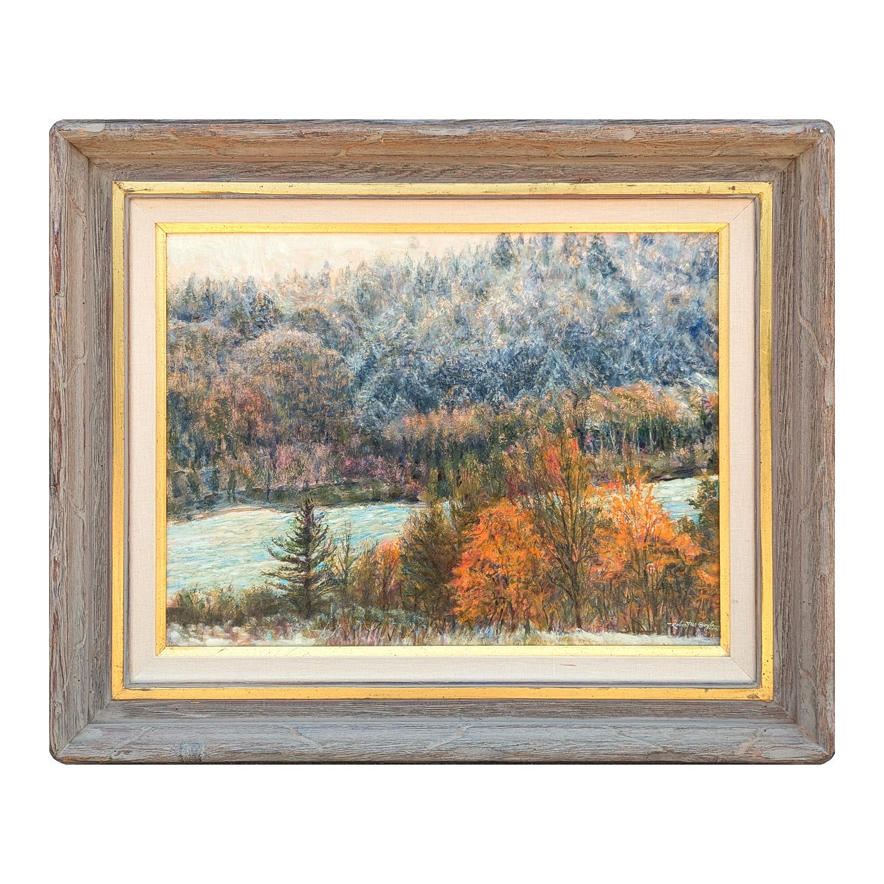 First Snowfall Naturalistische Wintergebirge-Landschaft eines Flusses durch Bäume – Painting von Robert Boyle