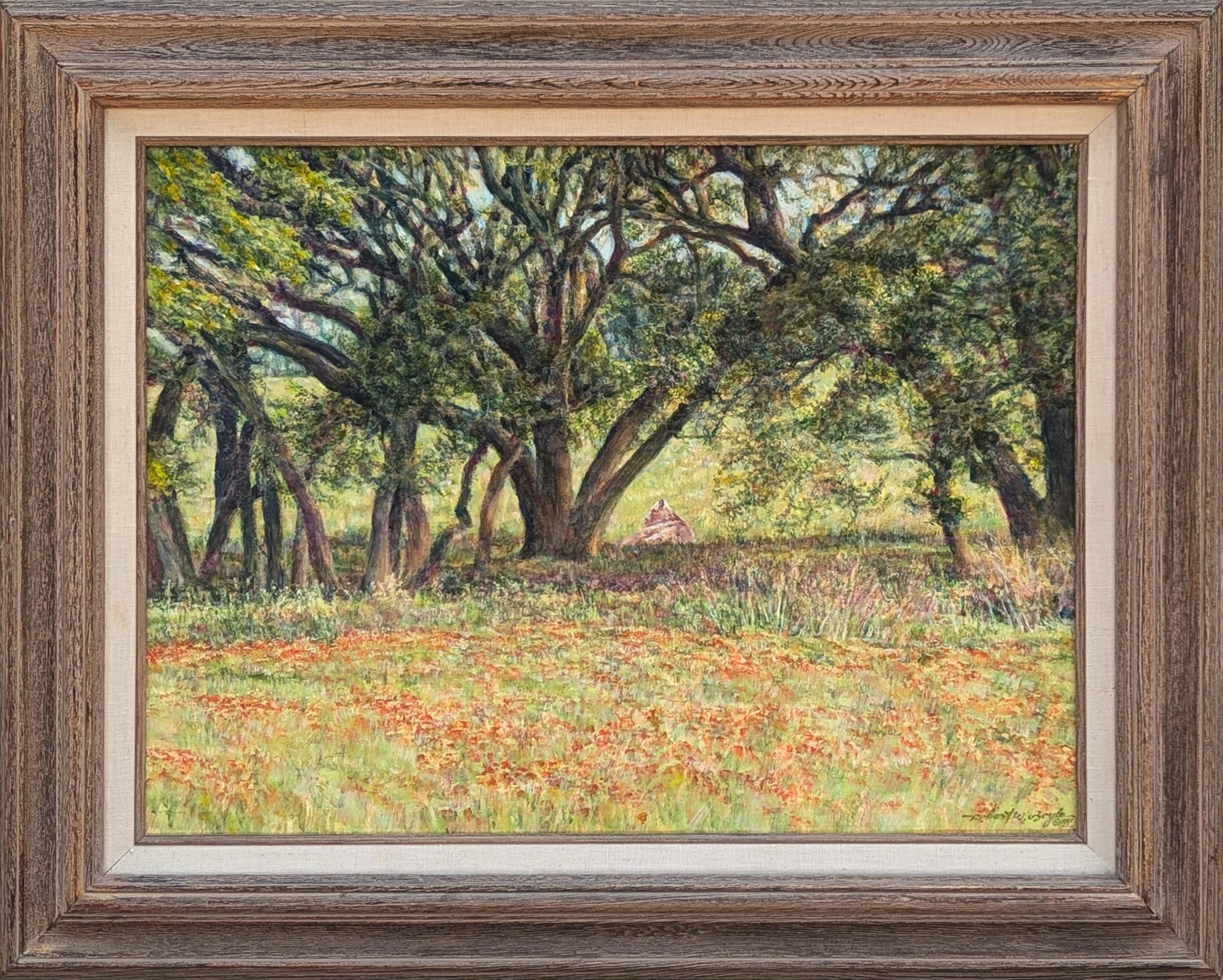 Robert Boyle Landscape Painting - “Texas Oaks” Modern Pastoral Naturalistic Landscape of Trees 
a Cow in a Field