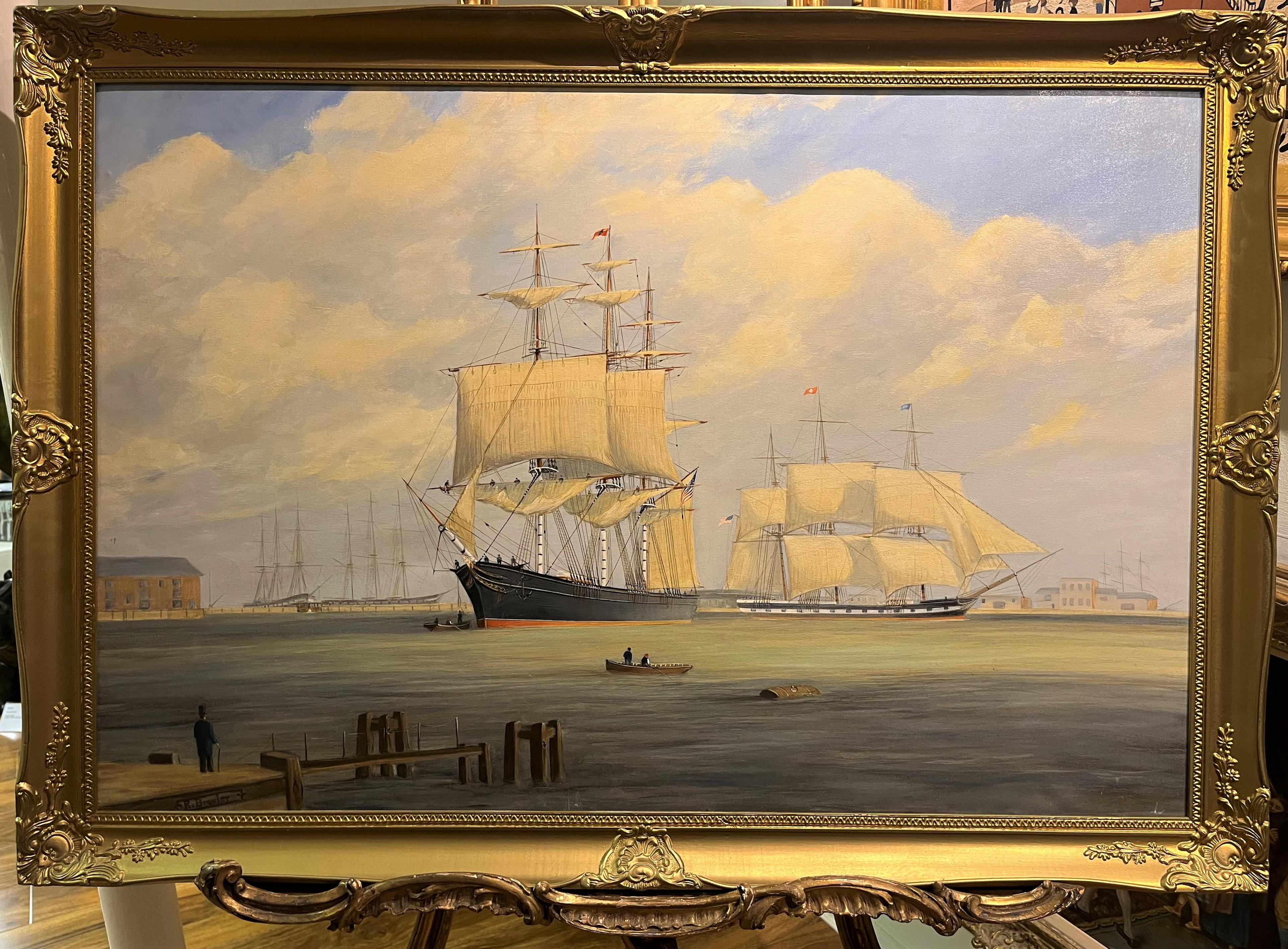LARGE FINE OIL PAINTING By Robert Bradley NAVY ADMIRALTY NICE GOLD GILT FRAME - Impressionist Painting by robert bradley