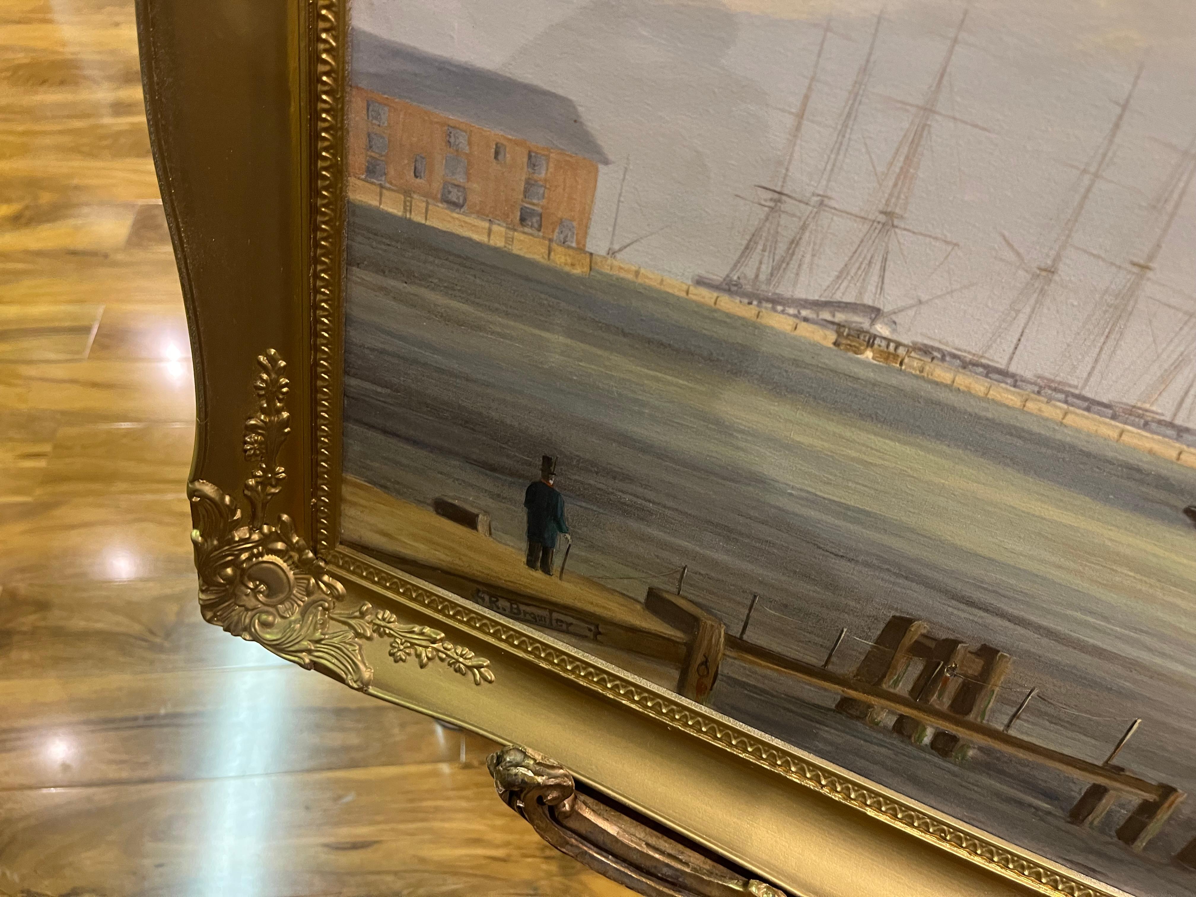 LARGE FINE OIL PAINTING By Robert Bradley NAVY ADMIRALTY NICE GOLD GILT FRAME - Brown Landscape Painting by robert bradley