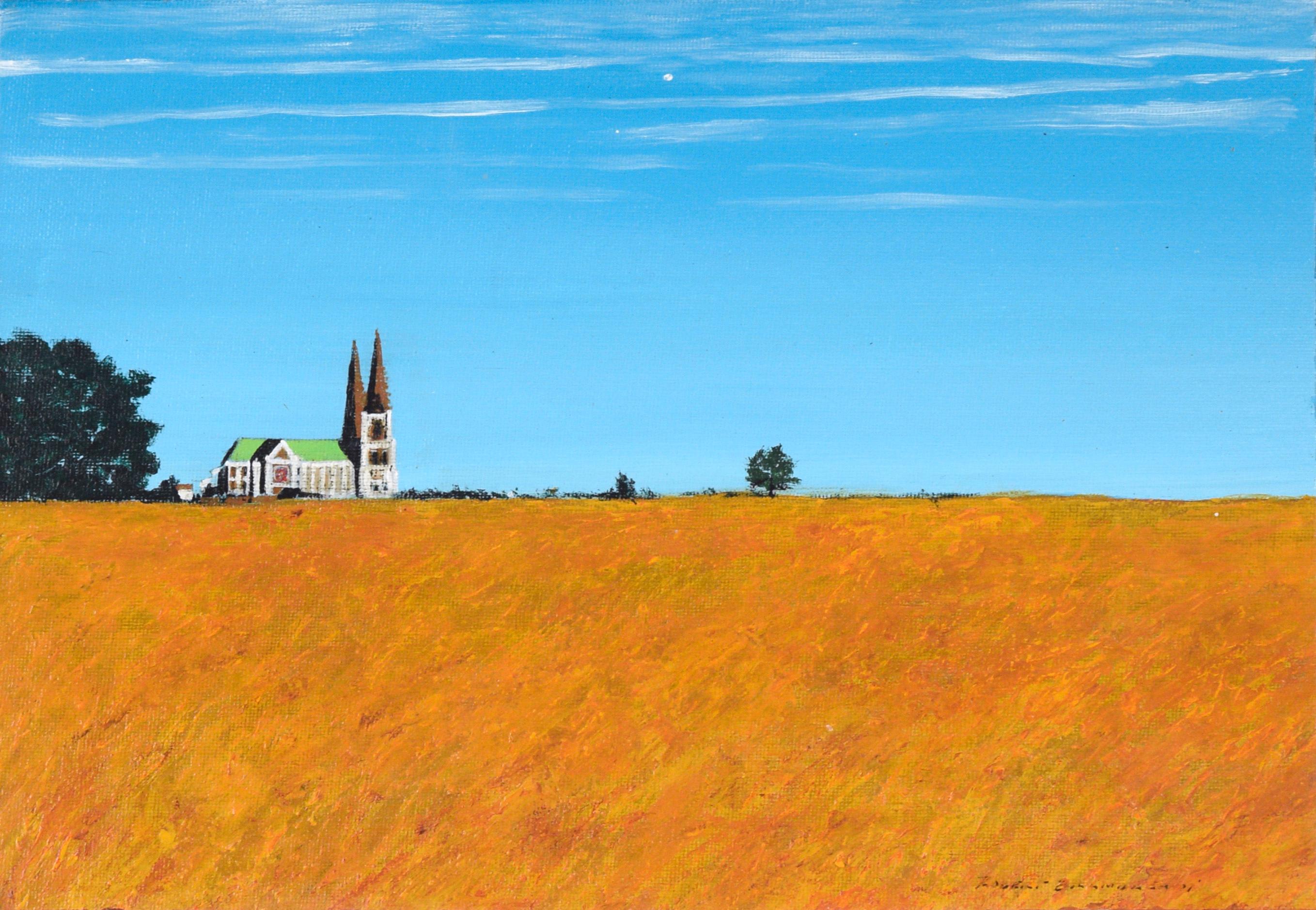 Cathedral Across the Field - Paysage rural en acrylique sur panneau d'artiste - Painting de Robert Brambach