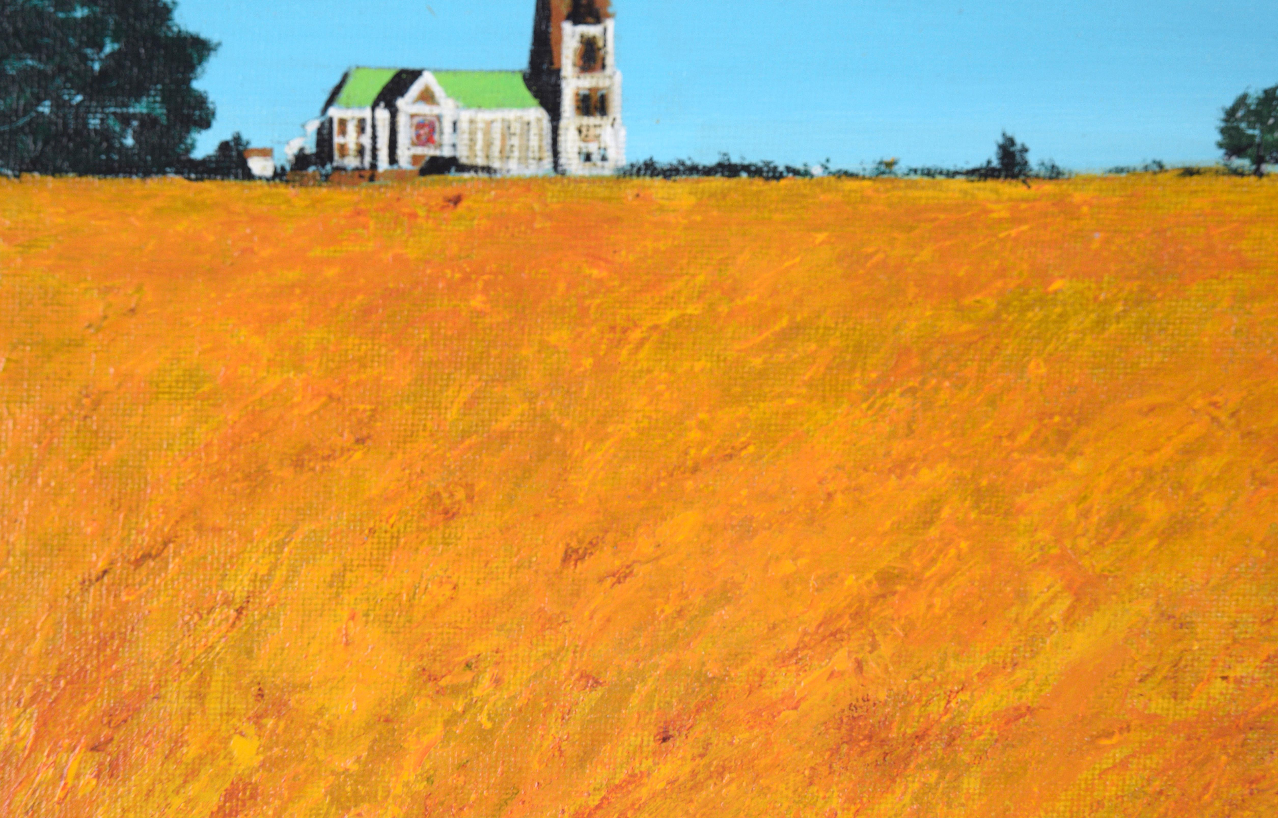 Cathedral Across the Field - Paysage rural en acrylique sur panneau d'artiste 2