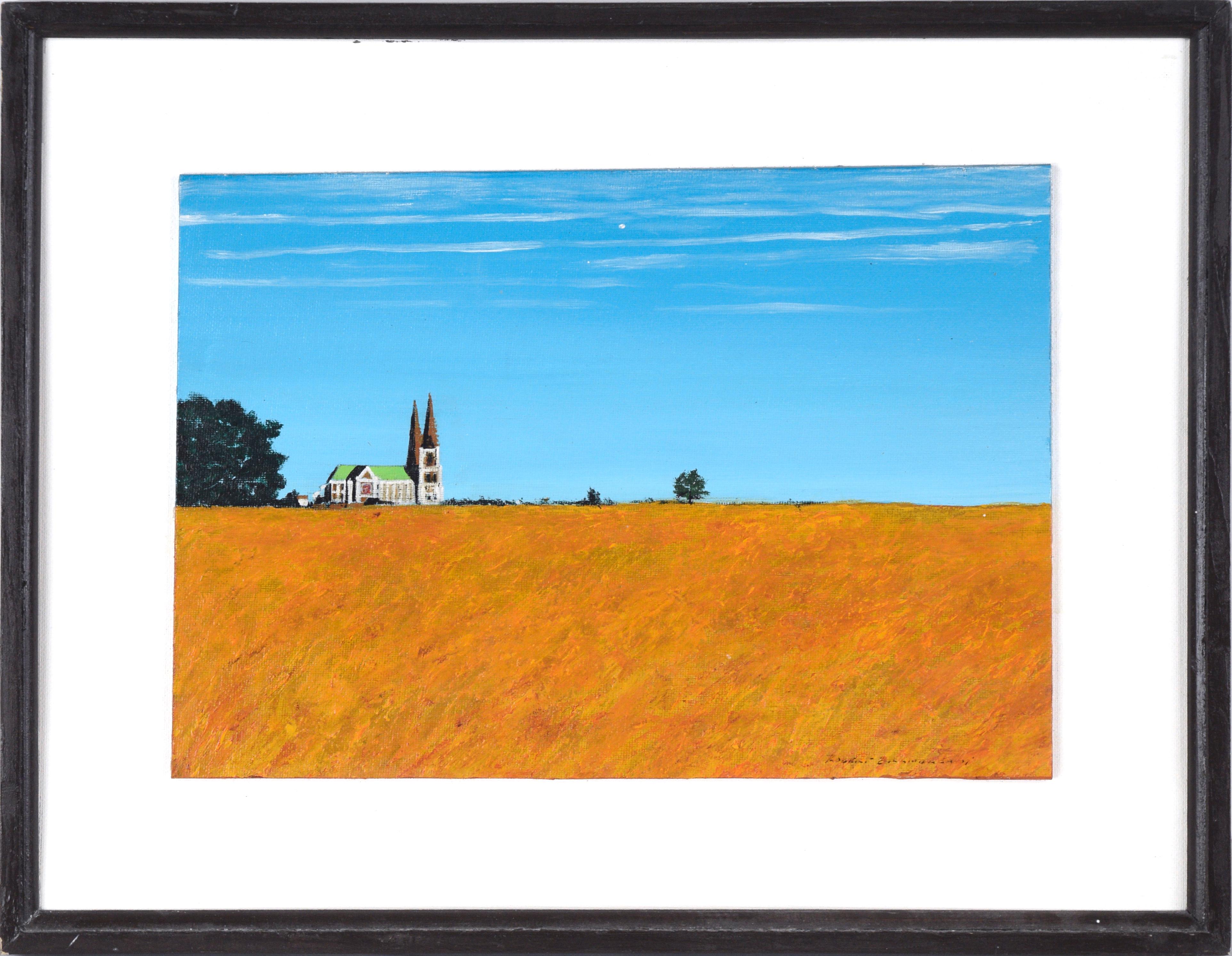 Cathedral Across the Field - Rural Landscape in Acrylic on Artist's Board