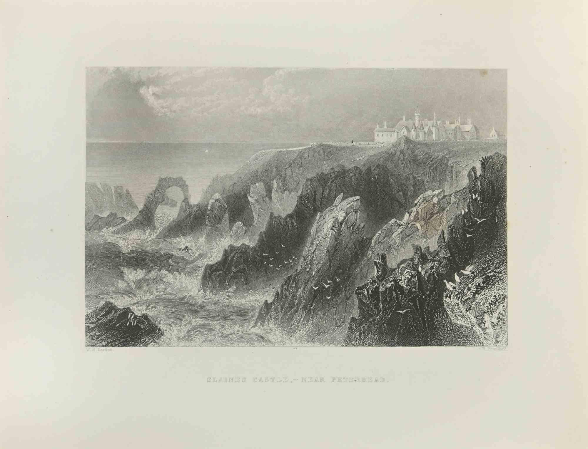 Slaines Castle  - Near Peterhead is an engraving realized in the 1845 by R.Brandard.

signed on plate.

The artwork is realized in a well-balanced composition.