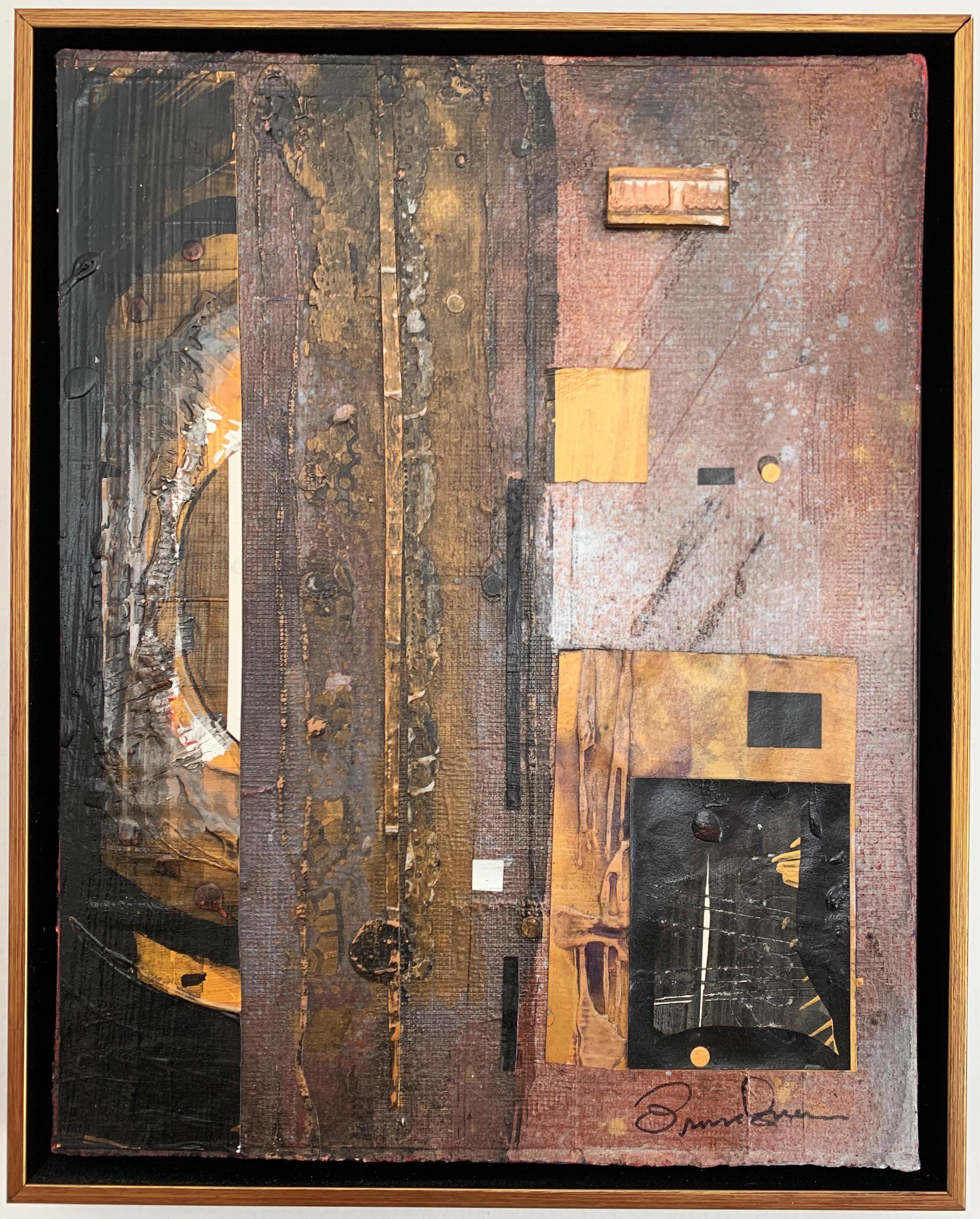 "Composition" des amerikanischen Künstlers Robert Branham (1926-2012) ist ein abstraktes Gemischtwerk auf Leinwand, das in den späten 90er Jahren entstand. Das abstrakte Gemälde zeigt verschiedene Materialien und Texturen mit gelben, goldenen,