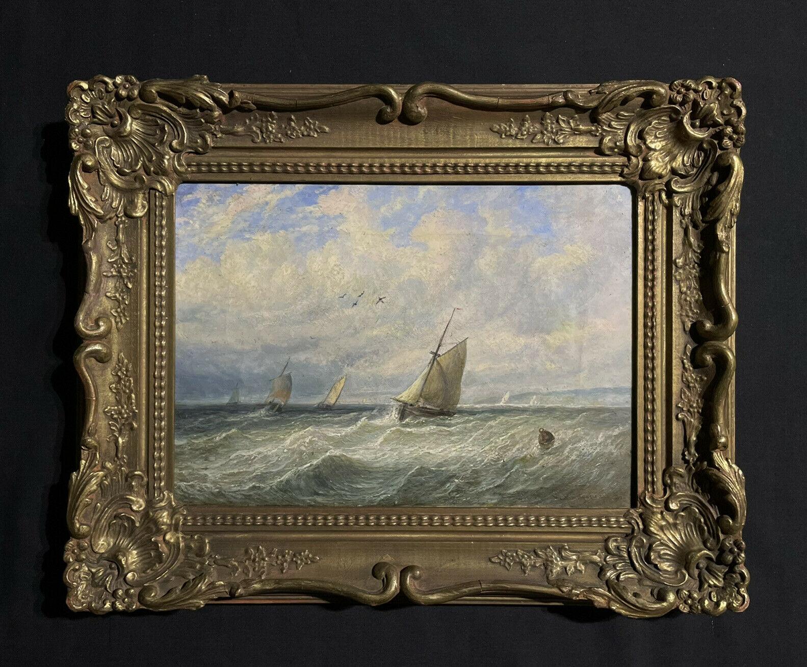 Fino óleo victoriano británico Barcos de pesca en mares agitados, firmado y enmarcado - Painting de Robert Bridgehouse (1818-1881)