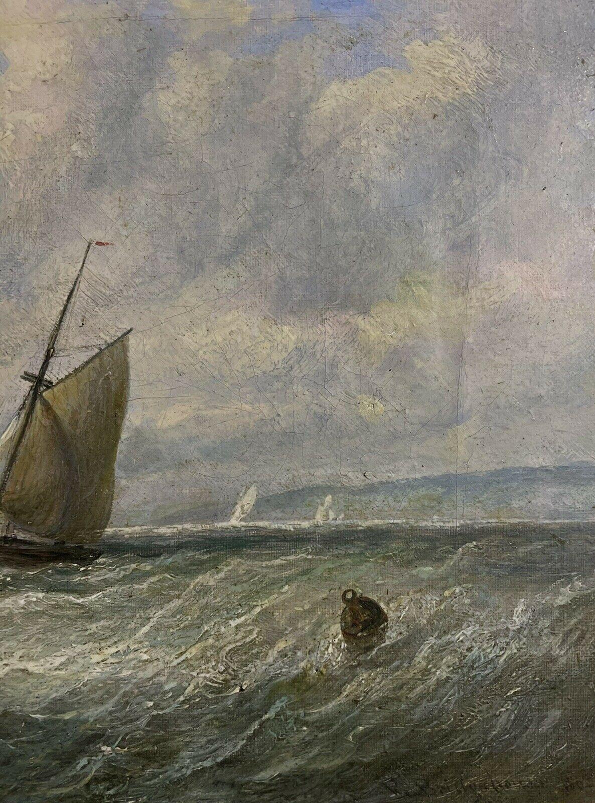 Fino �óleo victoriano británico Barcos de pesca en mares agitados, firmado y enmarcado - Landscape Painting Gris de Robert Bridgehouse (1818-1881)