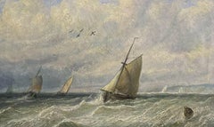 Antique Fine Victorian British Oil Painting Fishing Boats on Choppy Seas, signed & frame