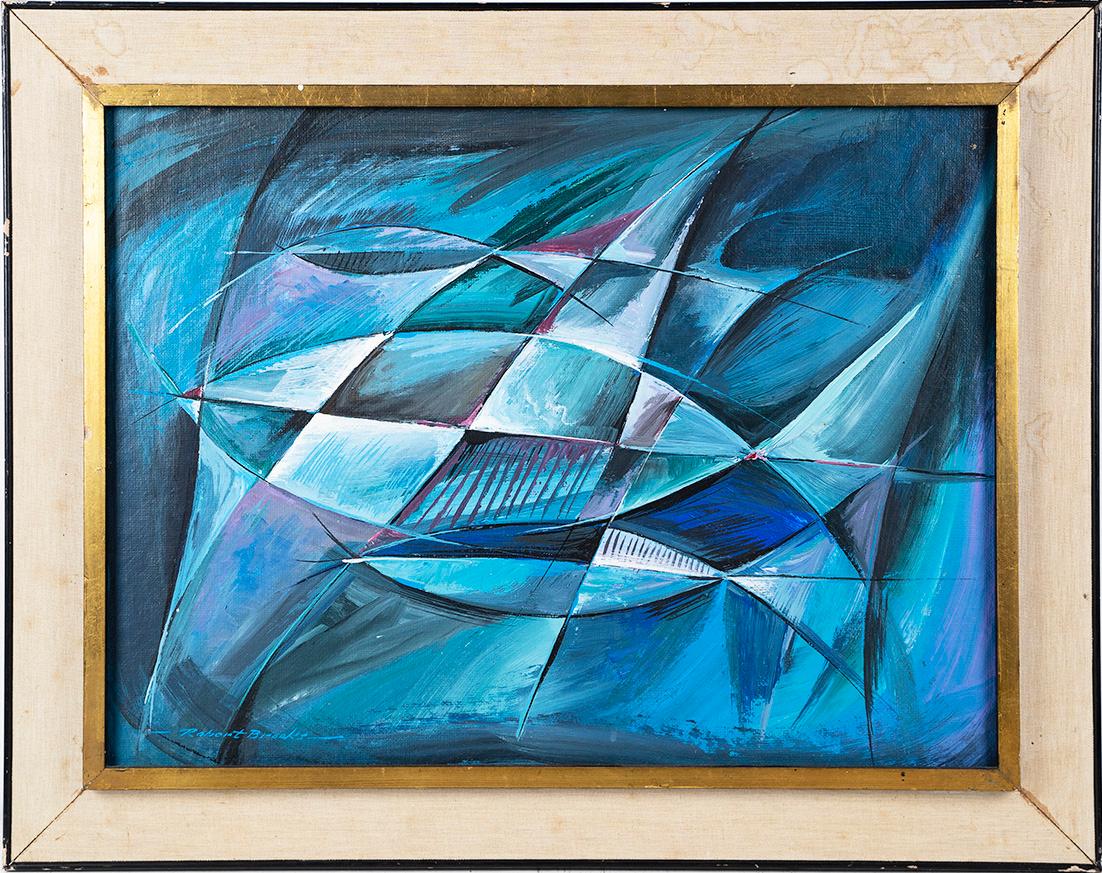 American School Modernist Abstract Nautical Seascape Signed Framed Oil Painting - Blue Abstract Painting by Robert Brooks