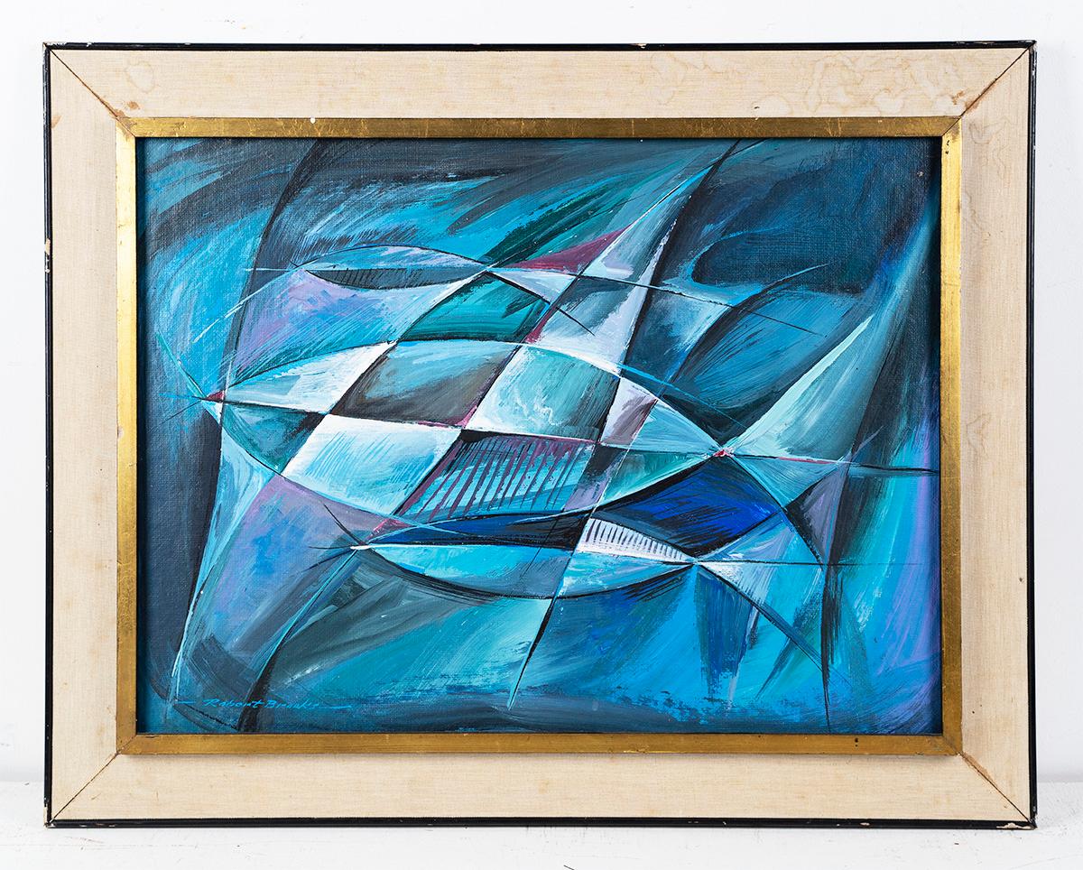Peinture à l'huile encadrée encadrée, paysage marin abstrait et moderniste de l'école américaine, signée - Bleu Abstract Painting par Robert Brooks