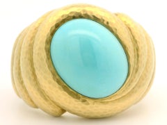 Robert Bruce Bielka 18k Gold Large Turquoise Hammered Hinged Bangle Bracelet