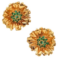 Vintage Robert Bruce Bielka Tropical Flowers Clips Earrings In 18Kt Gold With Tsavorites