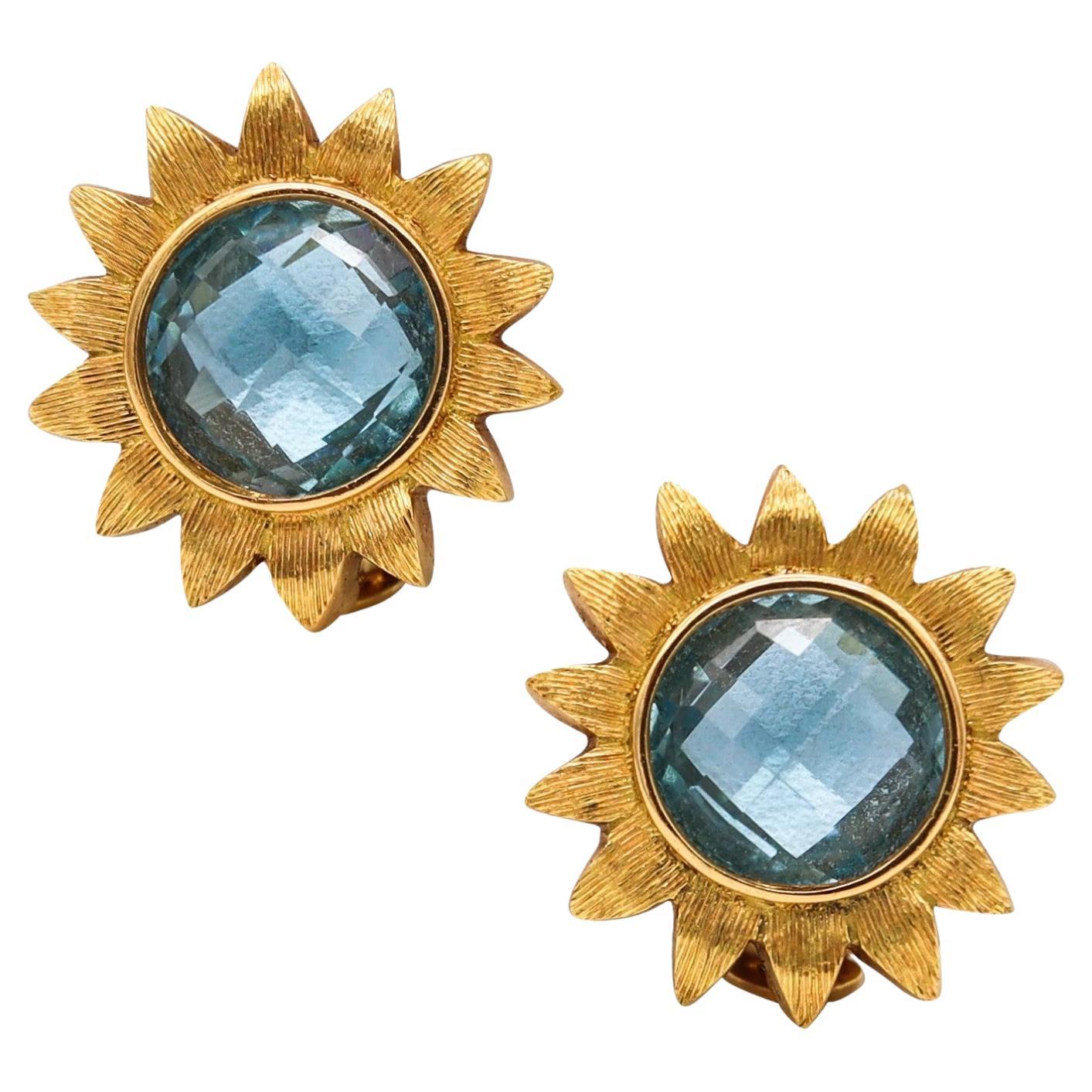 Robert Bruce Bielka Tropical Sunflower Clips-Earrings Solid 18Kt Gold Blue Topaz