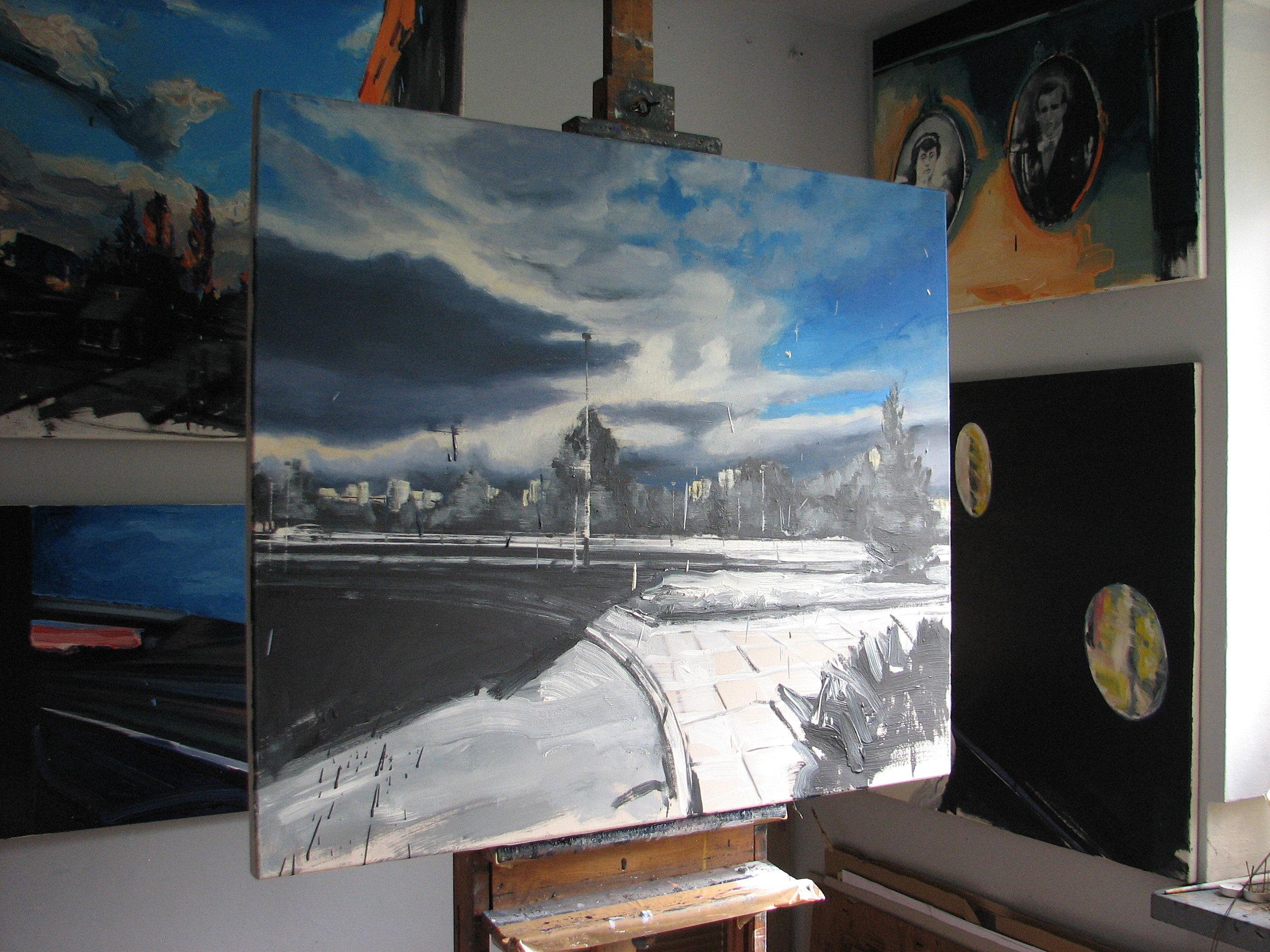 Destino Primo de Caso - Pintura al Óleo Paisaje Contemporáneo Expresivo - Figurative Painting Gris de Robert Bubel