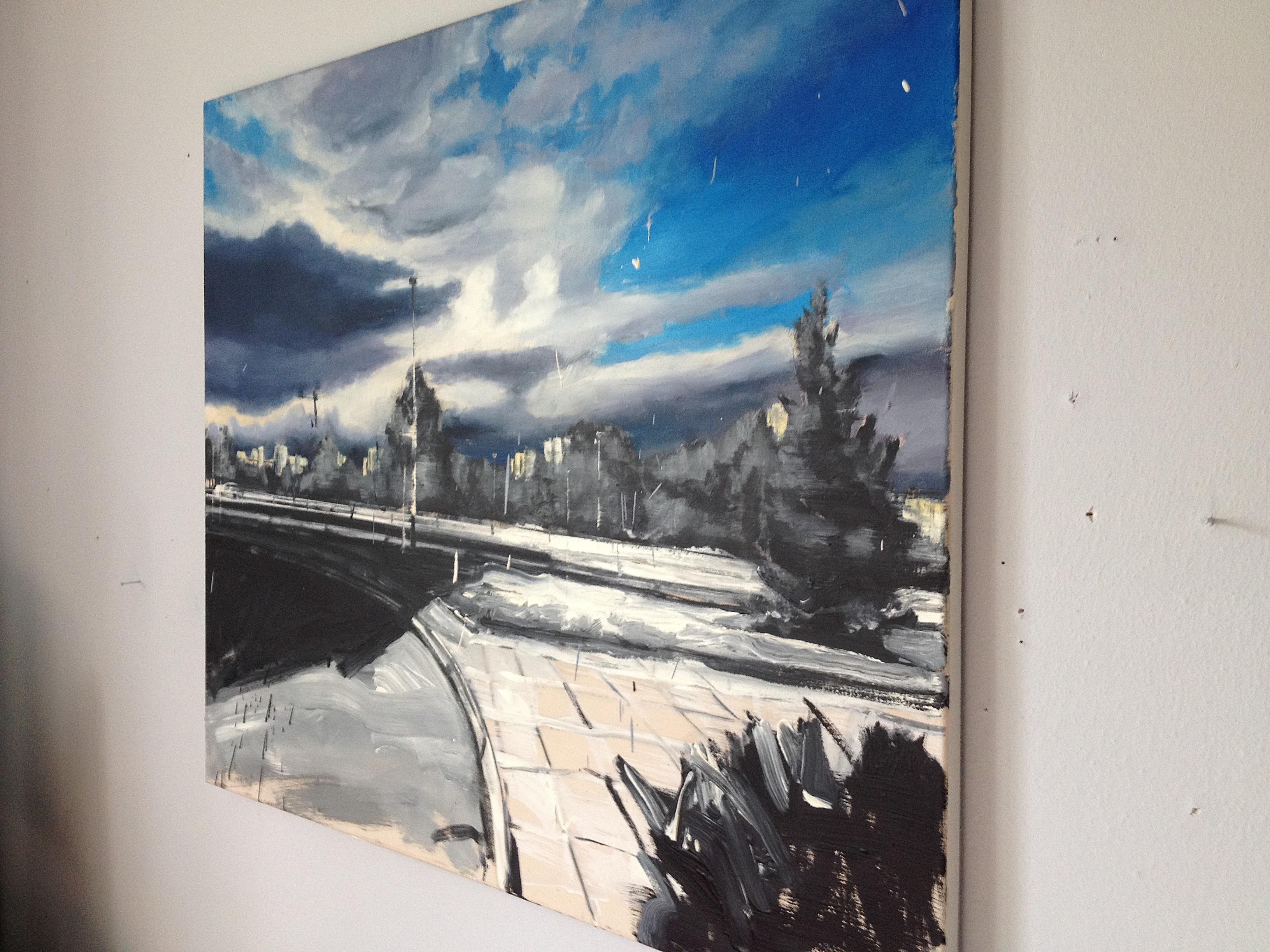 Fate Coussin of Case - Peinture à l'huile - Paysage contemporain expressif - Gris Landscape Painting par Robert Bubel