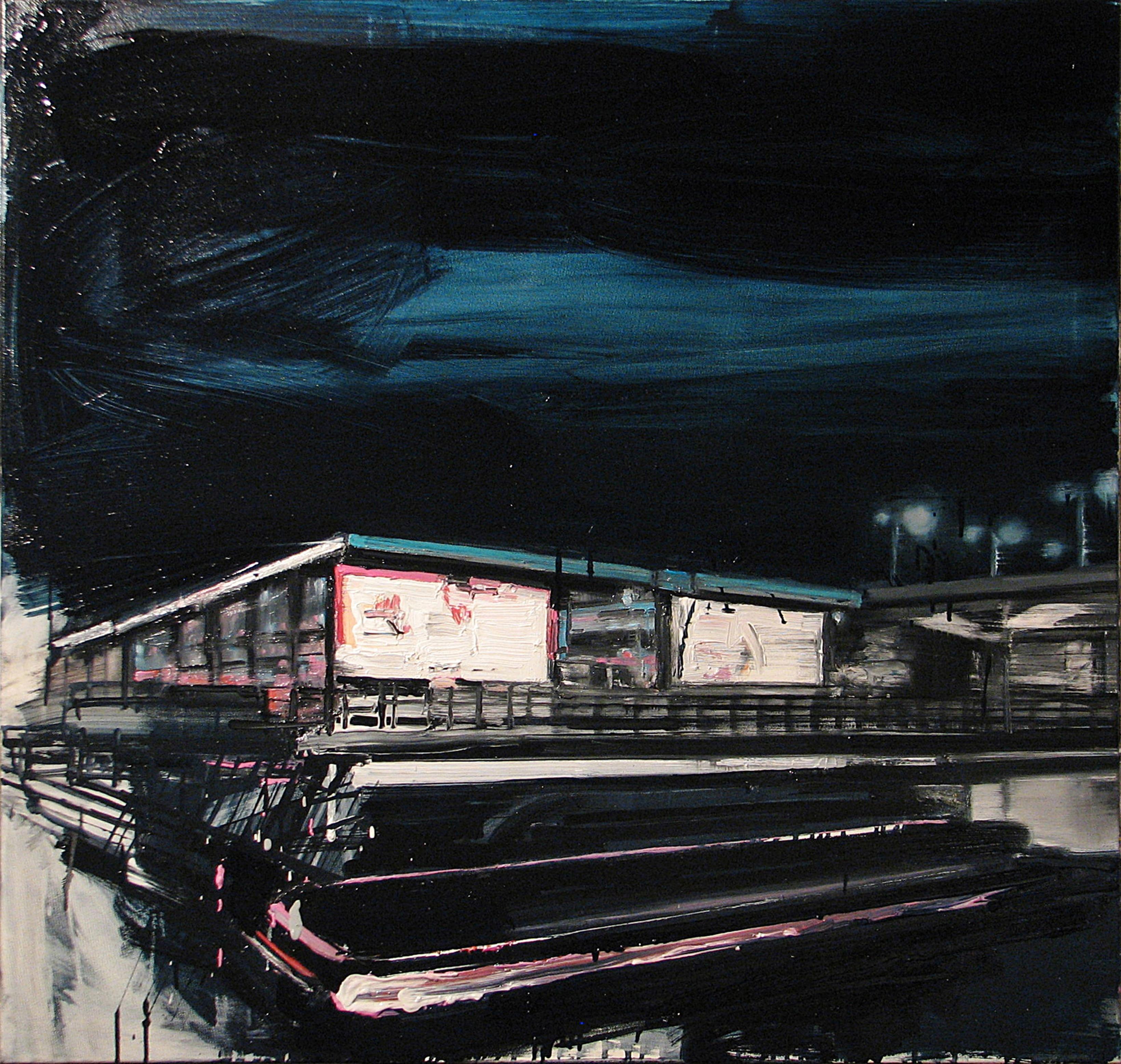 Robert Bubel Landscape Painting – Mooring Light Lines On Railway Stations - Ausdrucksstarkes zeitgenössisches Ölgemälde