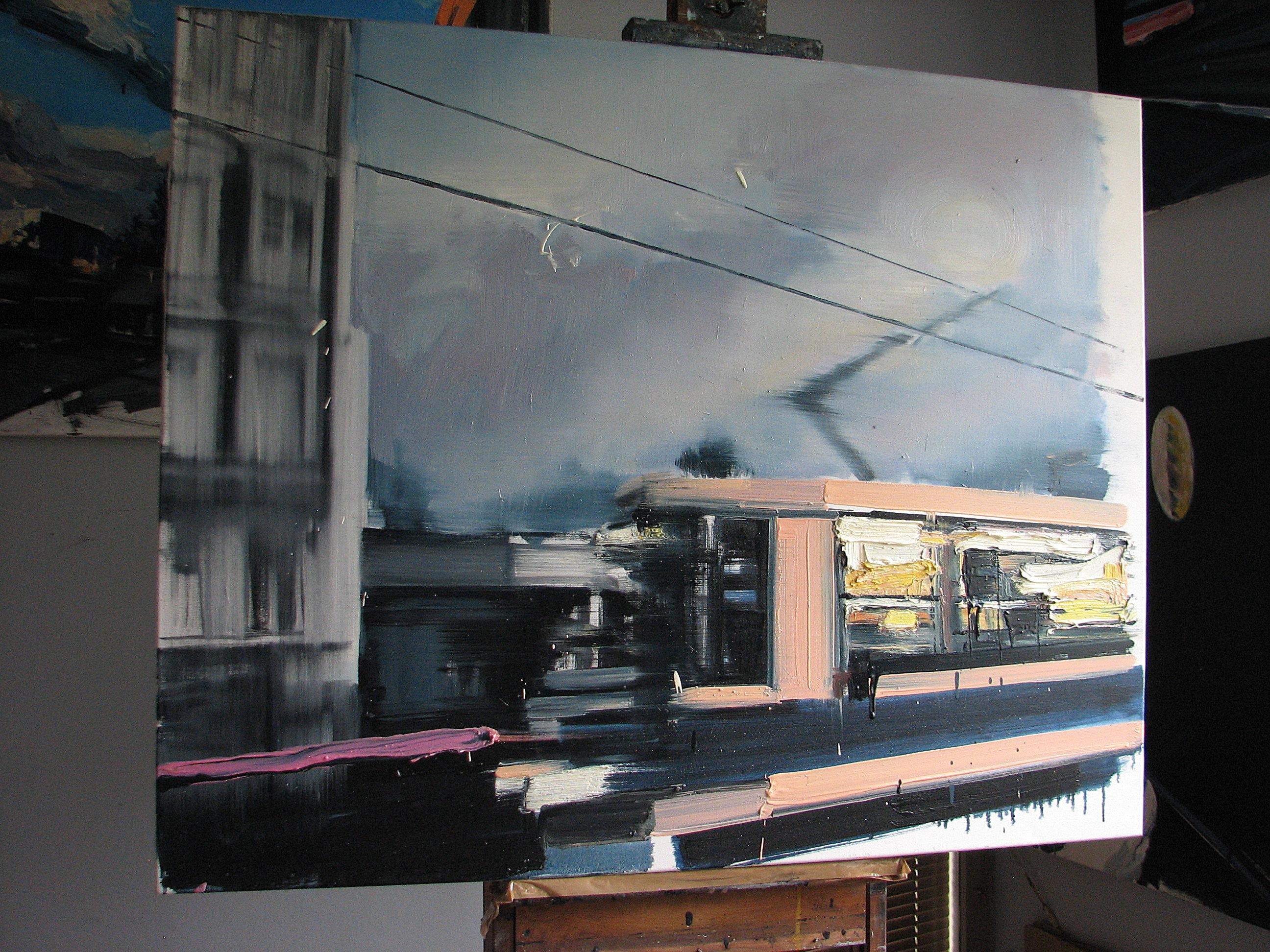 Sunrises and Sunsets (Tram) - Expressive Contemporary Painting, City Landscape For Sale 1