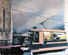 Levers et couchers de soleil (Tram) - Peinture contemporaine expressive, paysage urbain