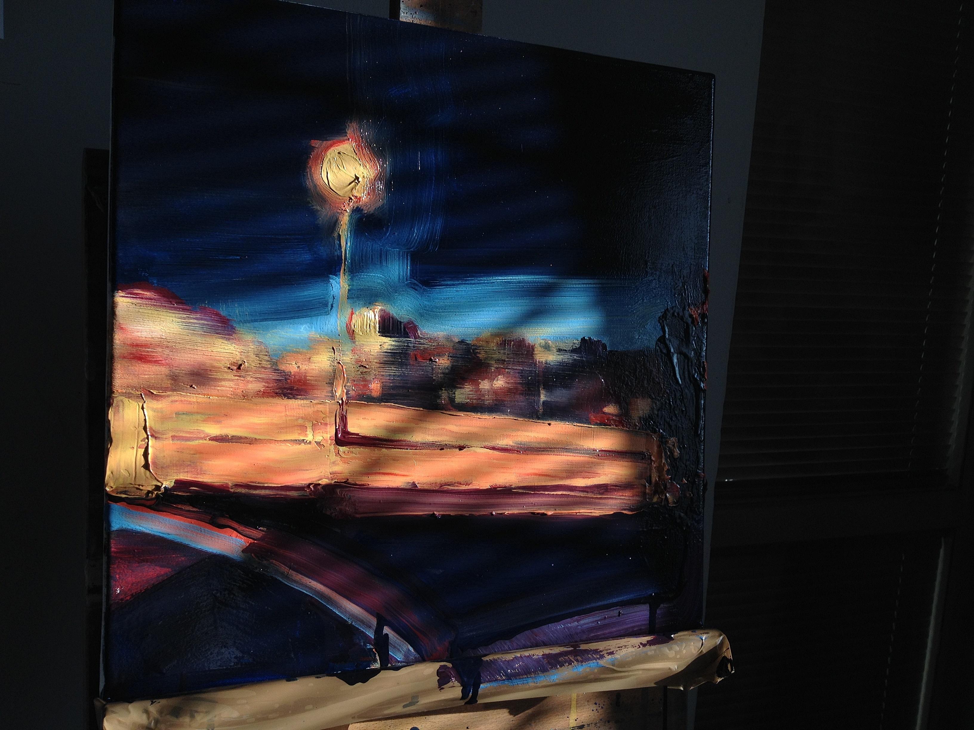 Qu'est-ce que la Lights ? - Peinture à l'huile figurative contemporaine expressive, réalisme, bleu - Contemporain Painting par Robert Bubel