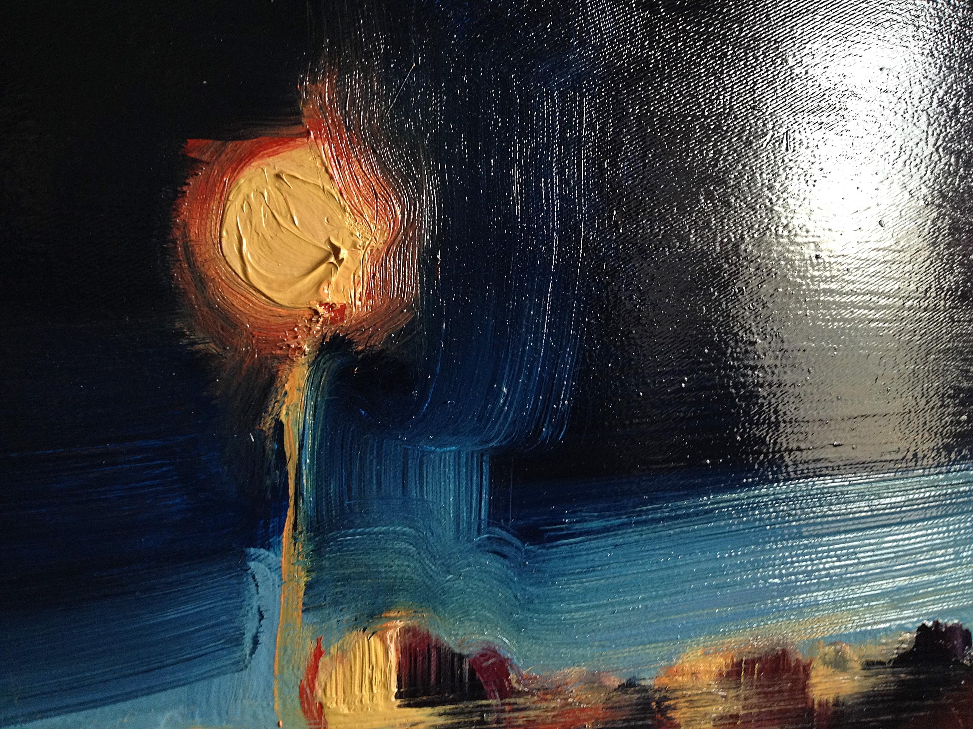 Qu'est-ce que la Lights ? - Peinture à l'huile figurative contemporaine expressive, réalisme, bleu en vente 2