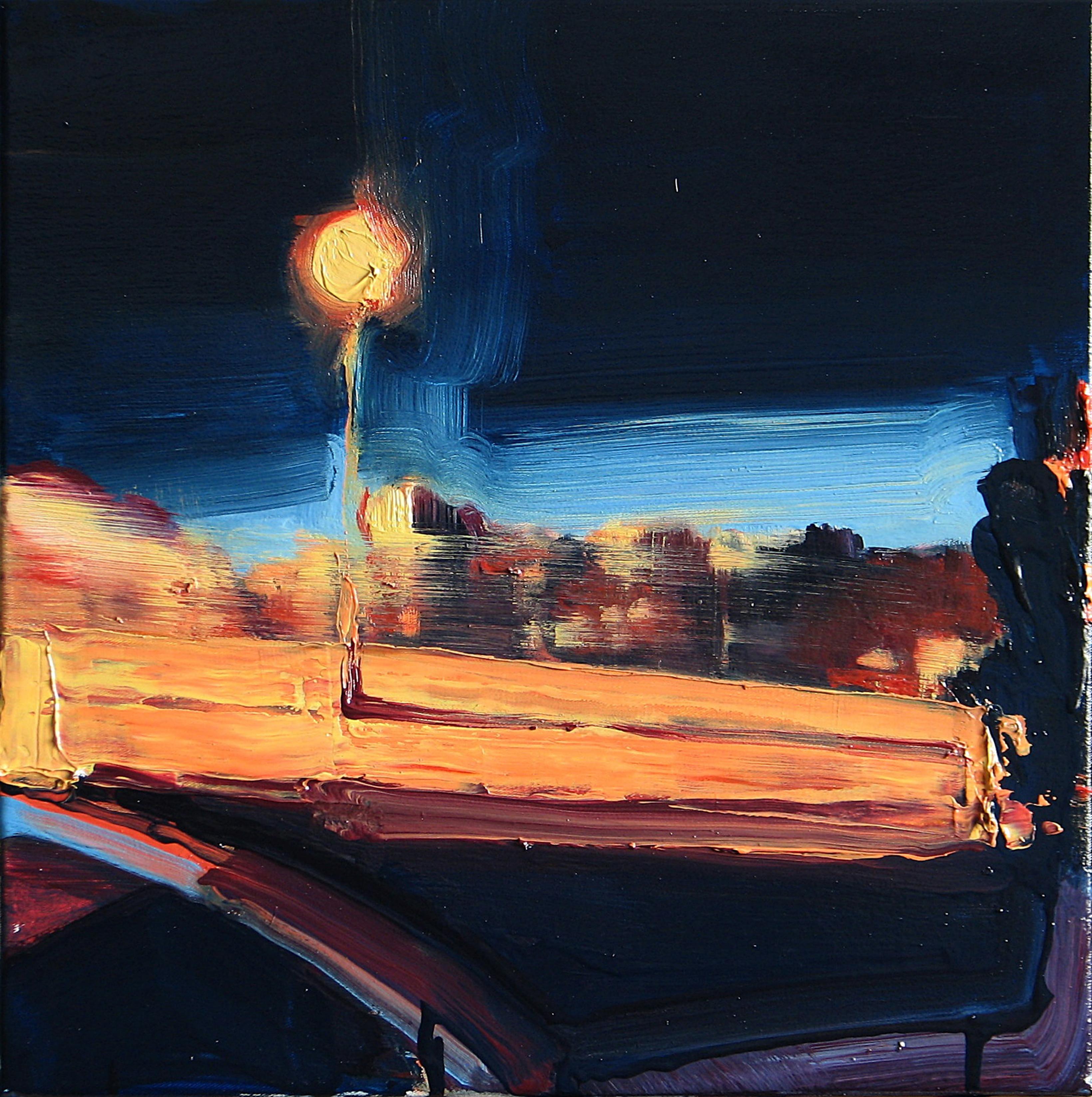 Landscape Painting Robert Bubel - Qu'est-ce que la Lights ? - Peinture à l'huile figurative contemporaine expressive, réalisme, bleu