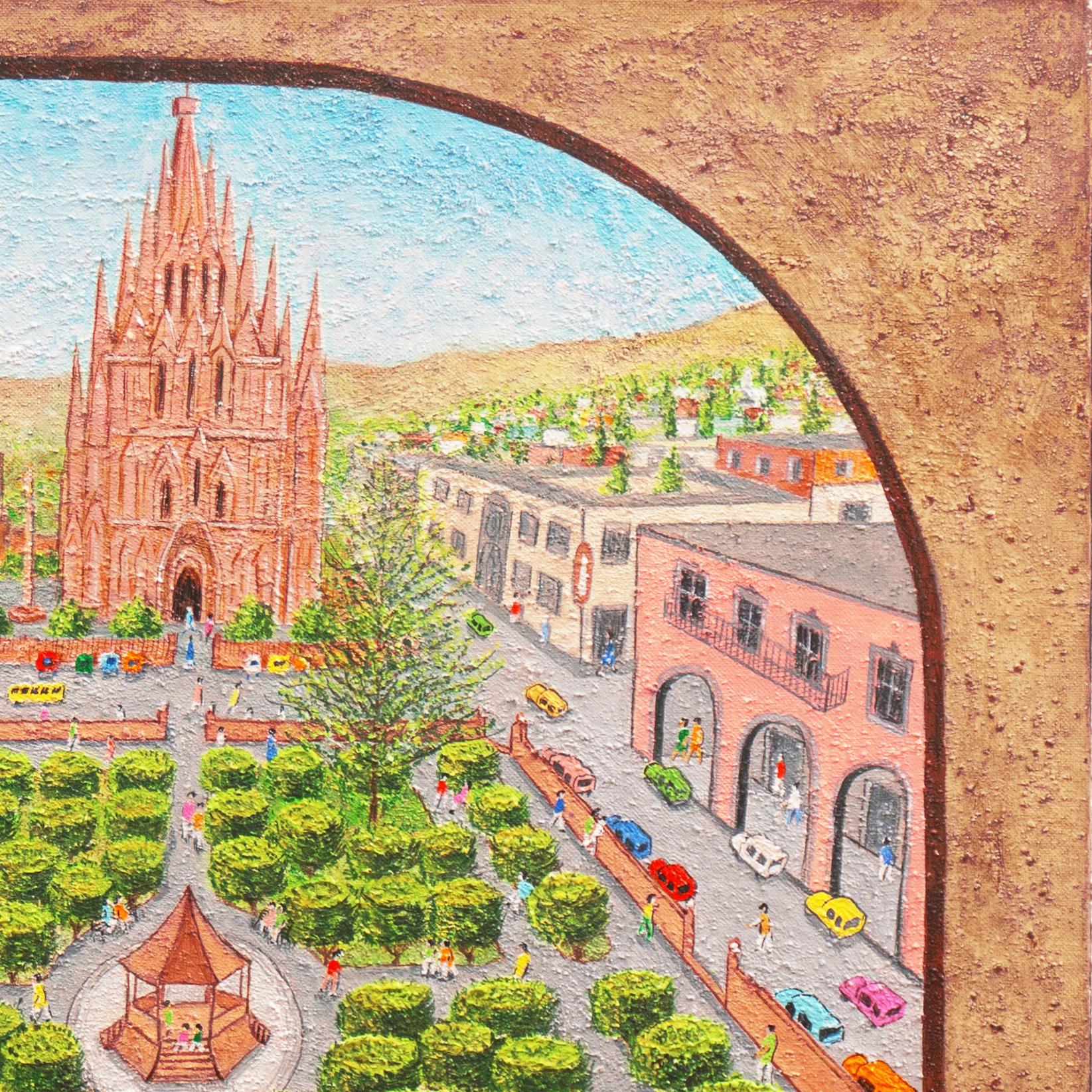 'La Santa Escuela de Cristo, San Miguel de Allende', Cathedral, Cloistered Nun - Beige Landscape Painting by Robert Buckner