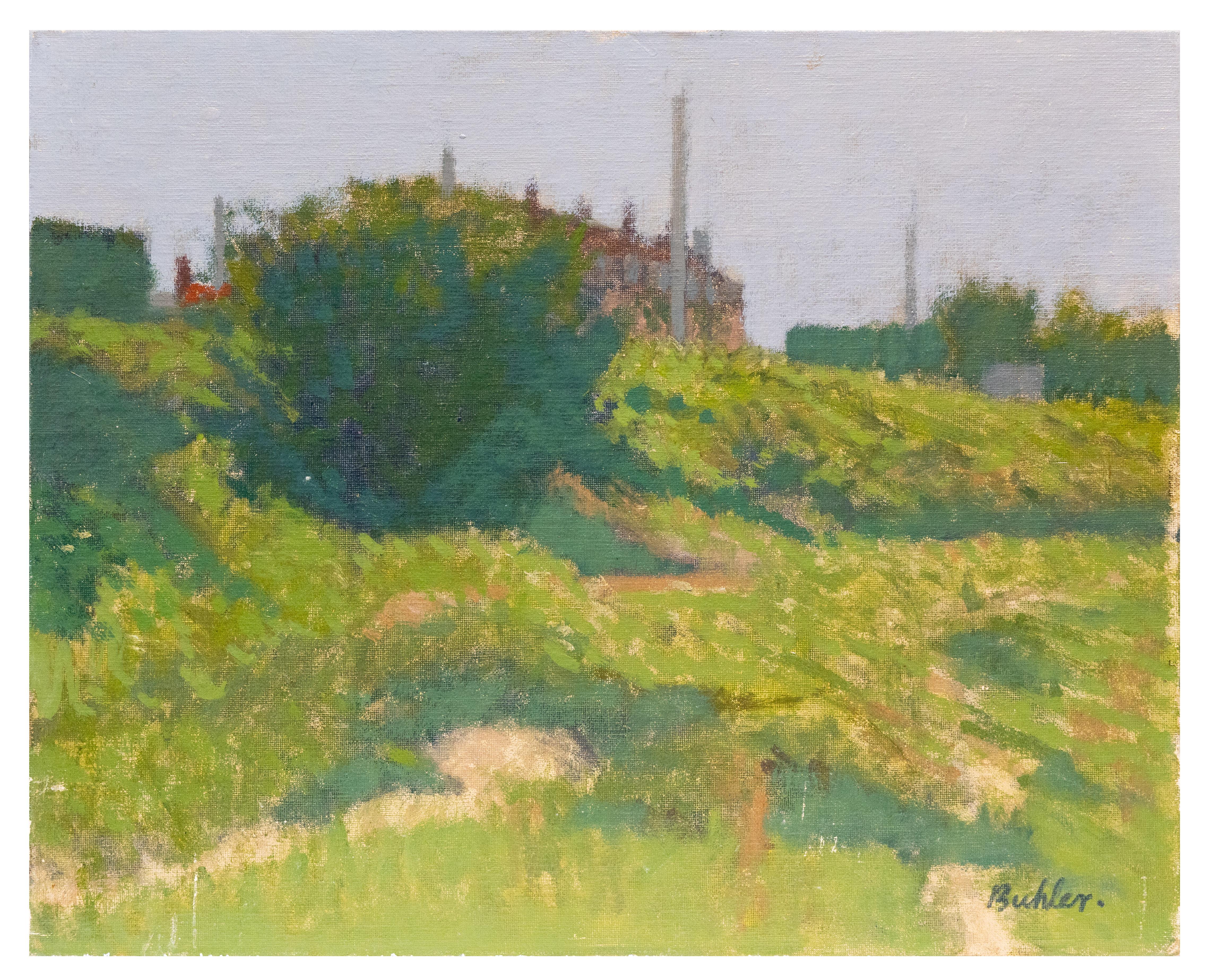 Diese Landschaft von Robert Buhler RA zeigt eine ruhige, kontemplative Ansicht, in der sich die natürliche und die industrielle Welt treffen. Im Vordergrund bilden dichtes Grün und grob strukturierte Büsche einen weichen Laubschirm, der mit der für