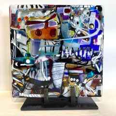 Panneau carré en verre fusionné, sculpture abstraite canadienne brillante