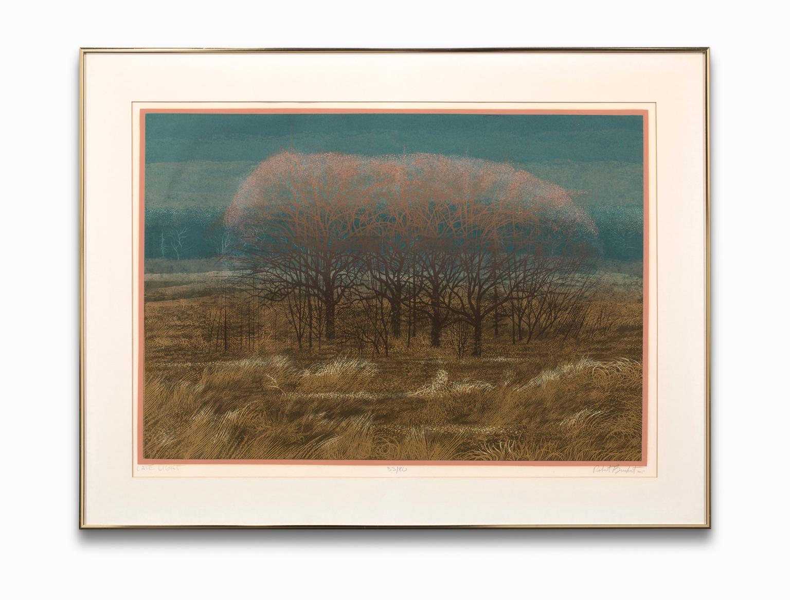 "Late Light" by Robert Burkert is a lithograph landscape by the master printmaker that depicts a clearing with autumn/winter trees in the subtle but vibrant colors of the sun's last light at dusk. The work is very keeping in his interests in