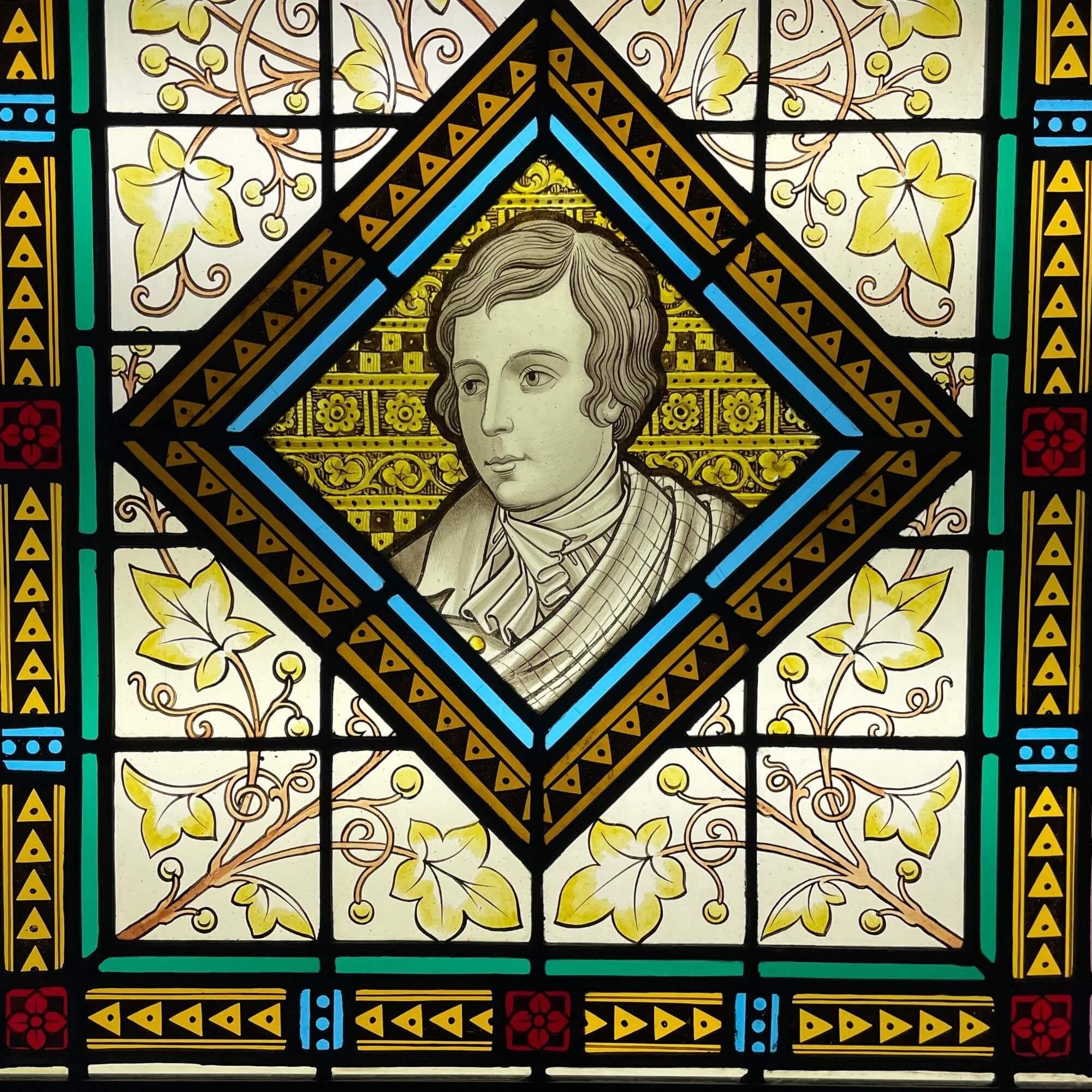 Victorian Robert Burns Antique Stained Glass Window For Sale