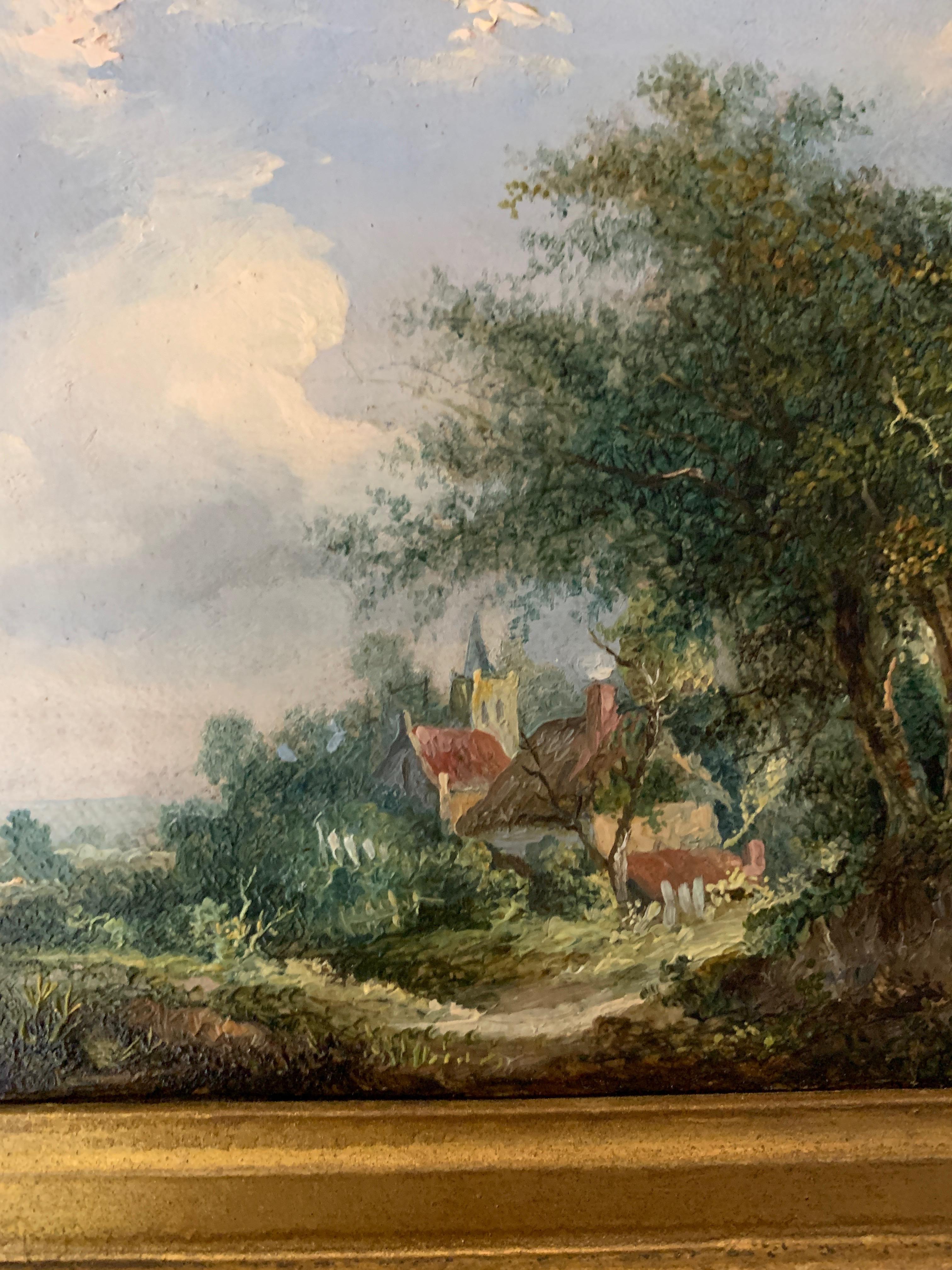 English Early 19th Century Village Scene with Cottage - Painting by Robert Burrows