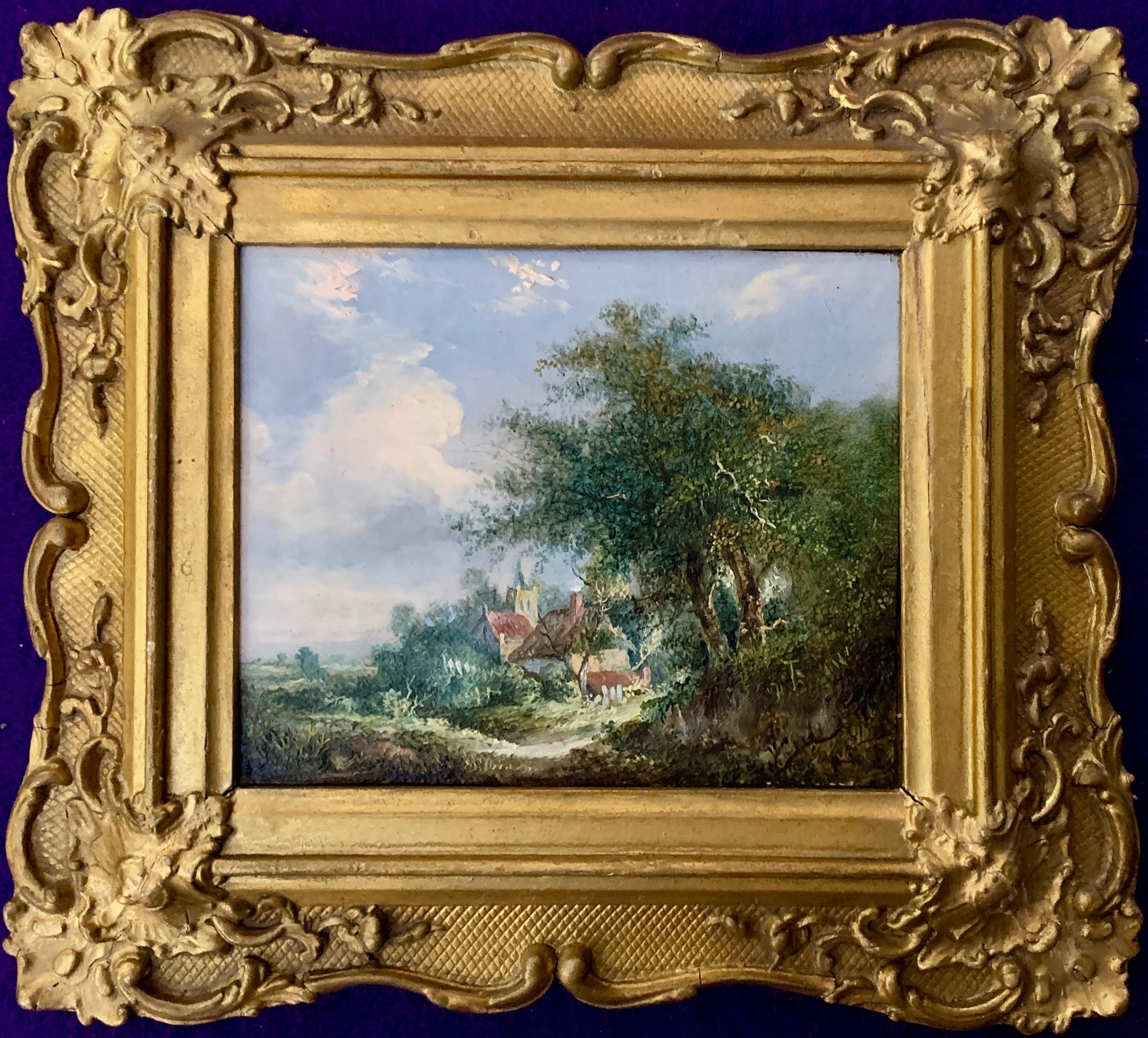 Robert Burrows Landscape Painting - English Early 19th Century Village Scene with Cottage