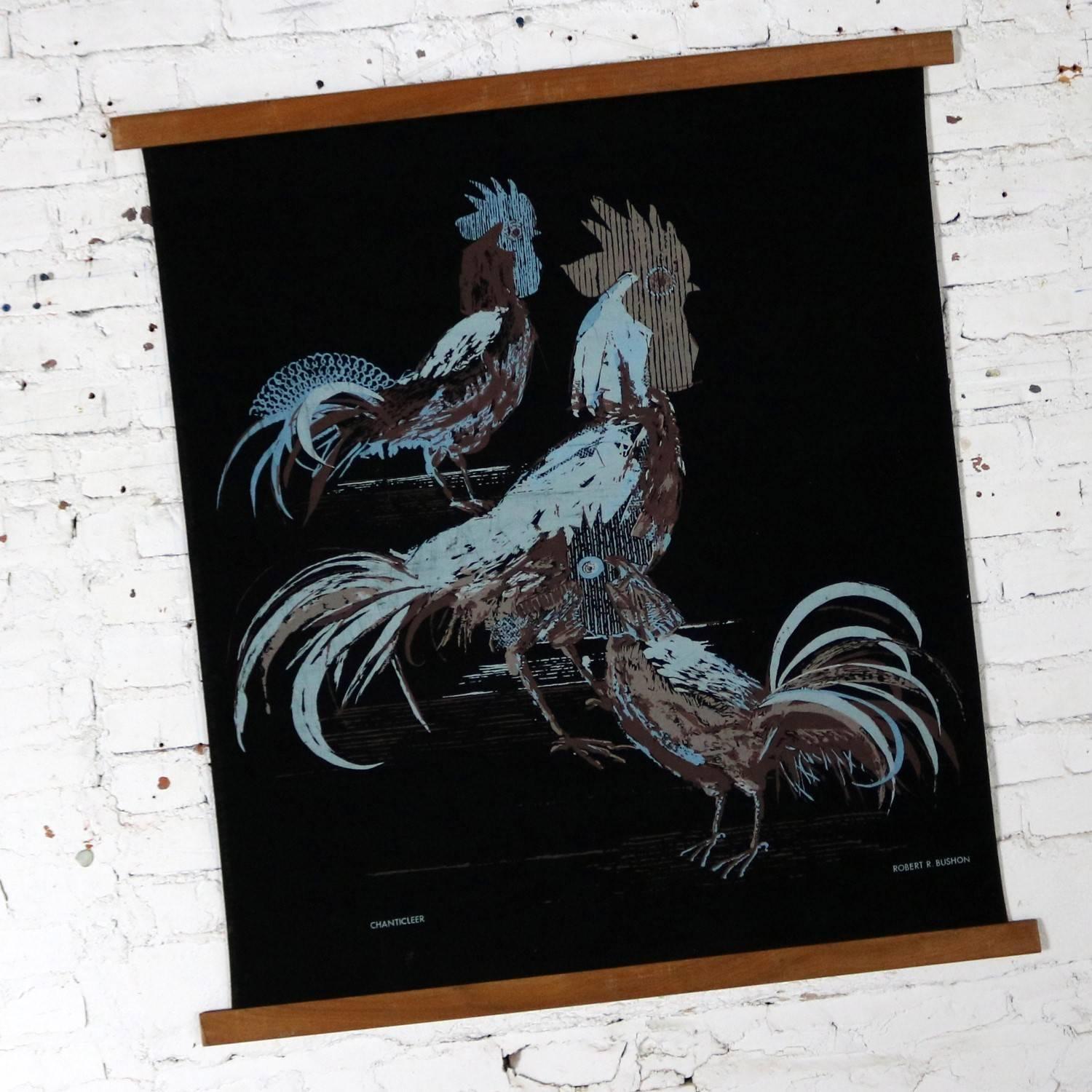 Wonderful Mid-Century Modern silkscreen wall scroll titled Chanticleer by Robert R. Bushong for Tom Tru and distributed by Raymor. It is in fantastic vintage condition and circa 1959.

I’ve recently become attracted to roosters and chickens in