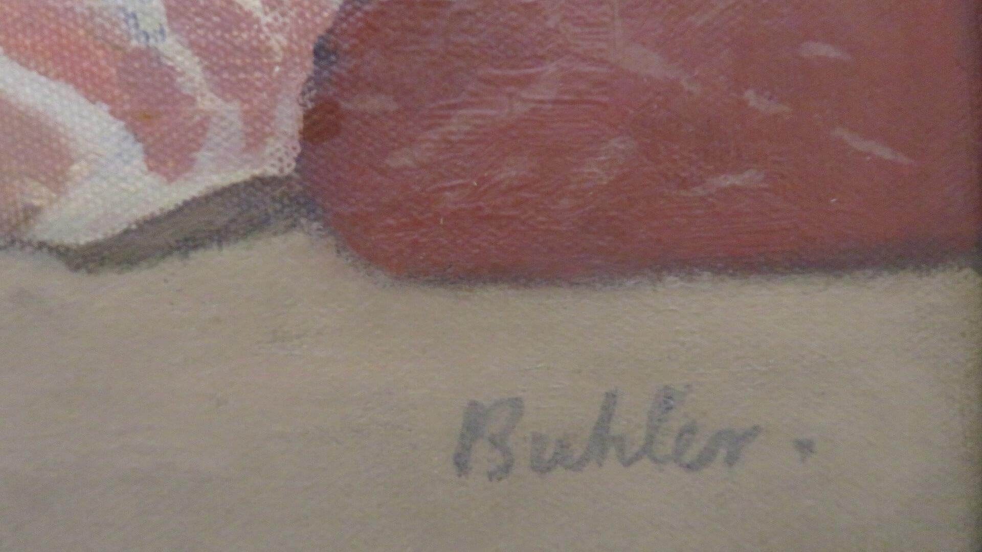 ROBERT BUHLER R.A. original SIGNED MID CENTURY OIL PAINTING 'THE BUTCHERS BOARD' - Modern Painting by Robert butler
