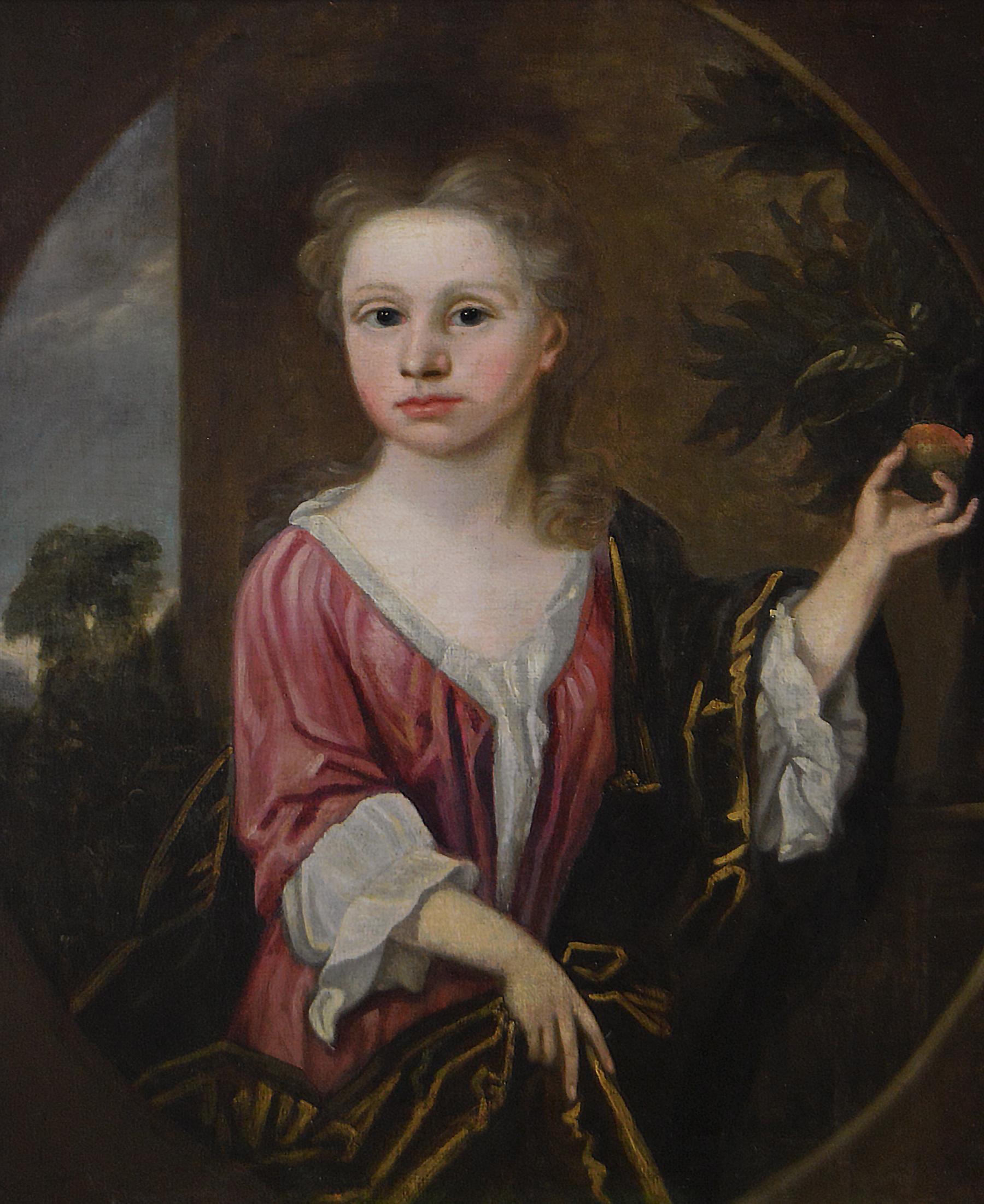 18th Century portrait oil painting of a girl with an orange - Painting by Robert Byng